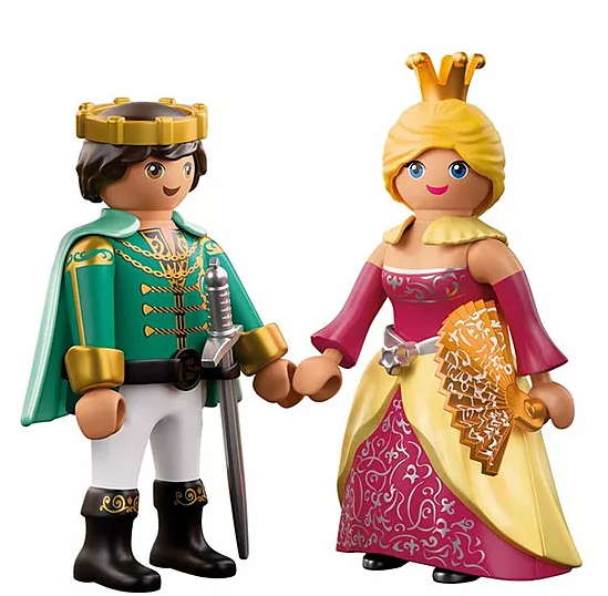 Zwei Playmobil-Figuren: ein König in Grün und eine Königin in Pink und Gelb. Sie halten Händchen. Der König hält ein Schwert.