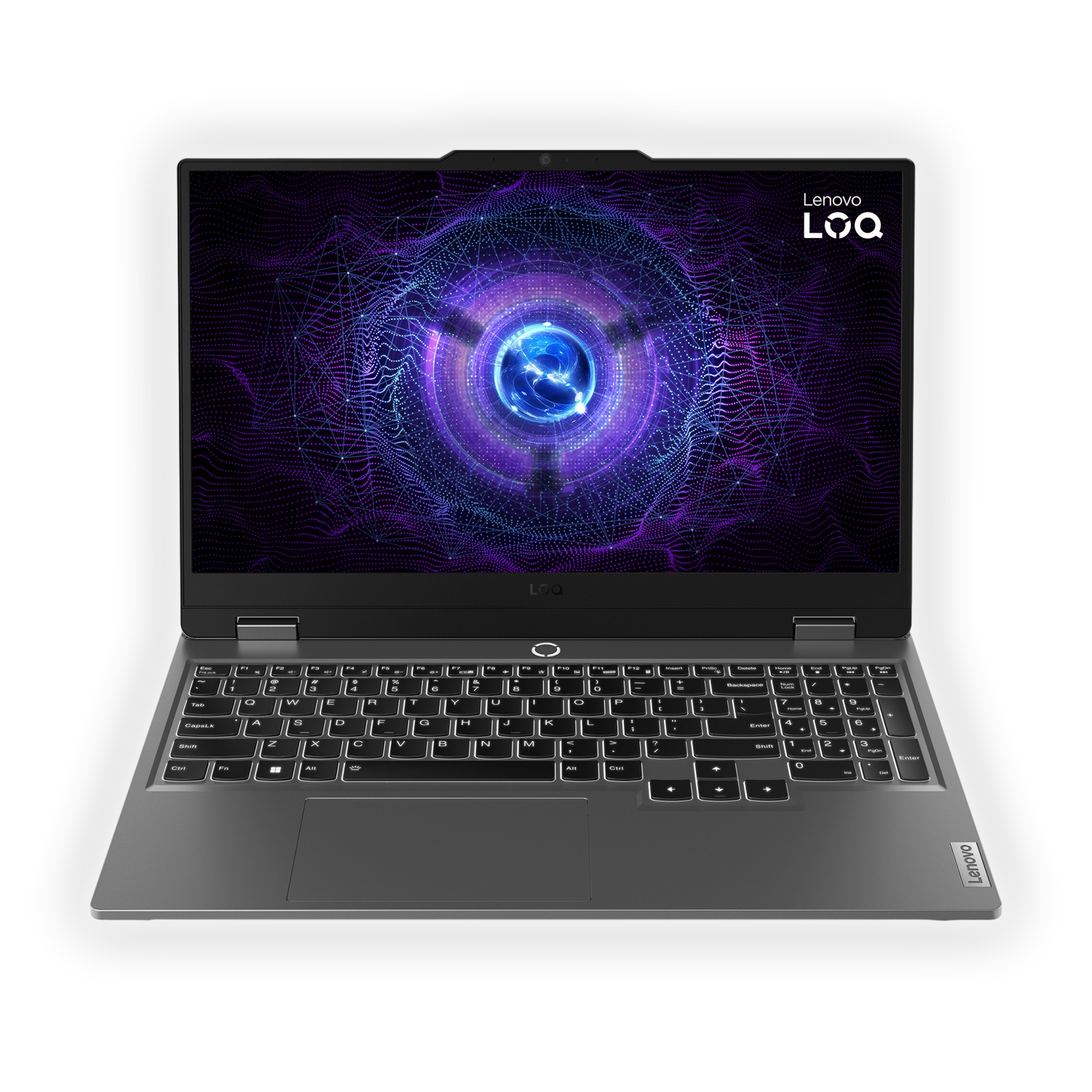 Un laptop Lenovo è aperto, mostra un design digitale viola e blu. La tastiera è visibile, con il logo Lenovo LOQ in alto.