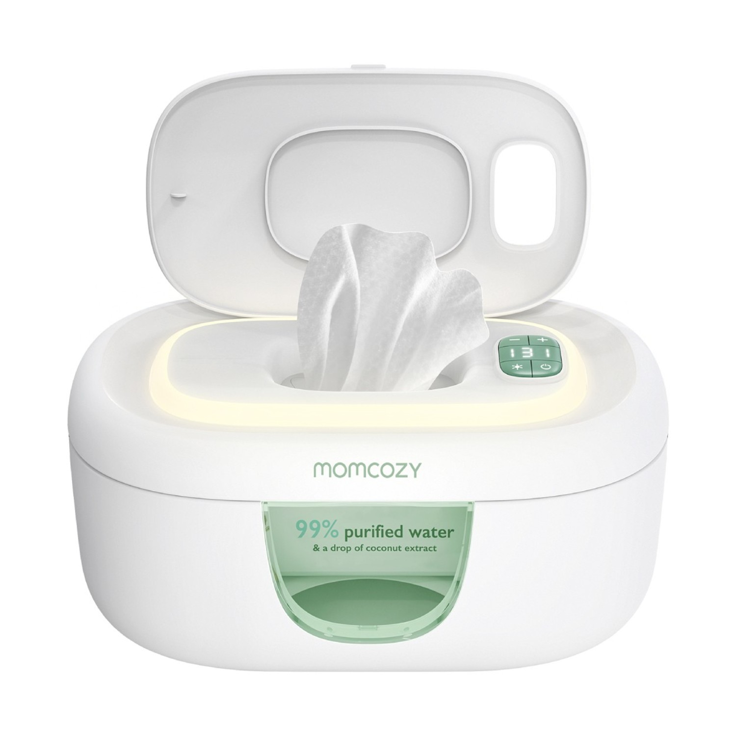 Uno scaldasalviette Momcozy bianco con coperchio aperto, salviette visibili e un pannello di controllo. Il testo indica 99% acqua purificata ed estratto di cocco.