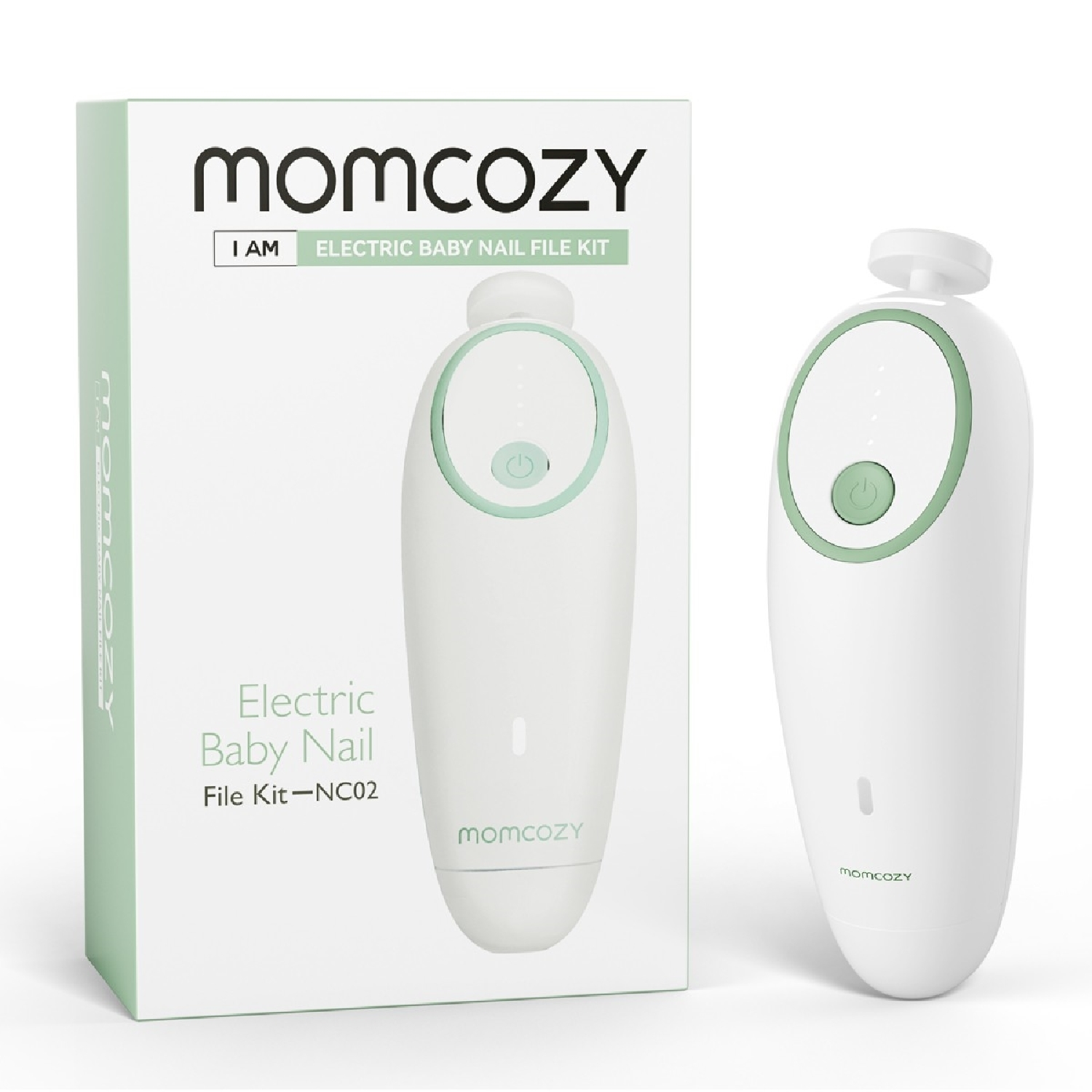 Un kit lima unghie elettrico per bambini bianco di Momcozy. Sono mostrati la scatola e il dispositivo. Il dispositivo ha un pulsante di accensione verde.