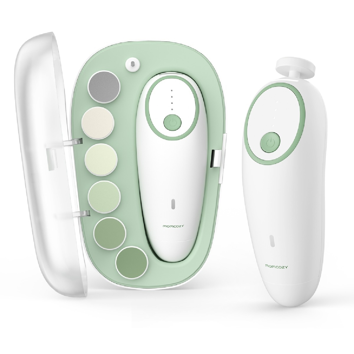 Un set per la cura delle unghie del bambino. Include un tagliaunghie bianco e verde, una custodia con lime e un trimmer separato.