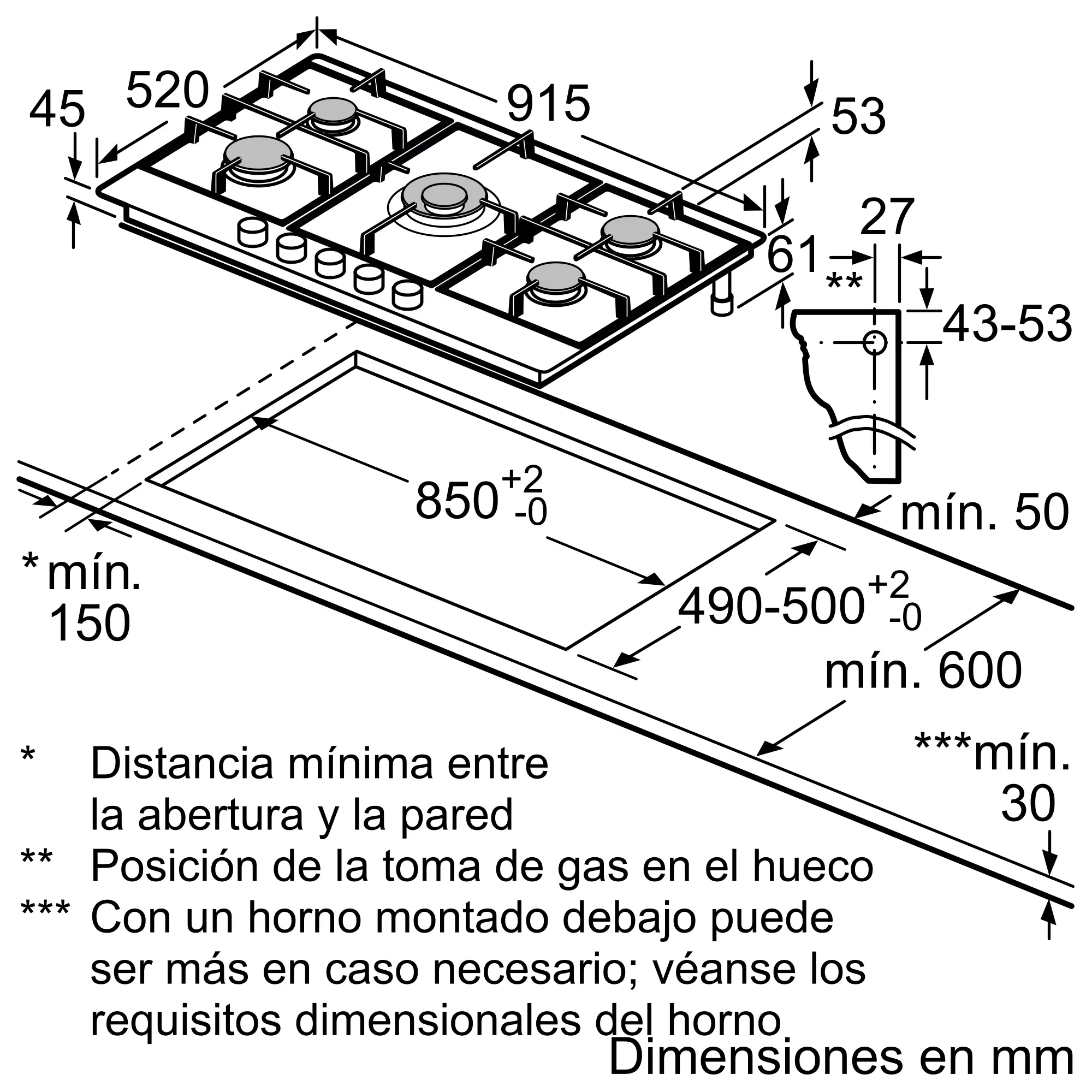 Diagrama de una cocina de gas con dimensiones en milímetros. Incluye medidas para el corte y las conexiones de gas.