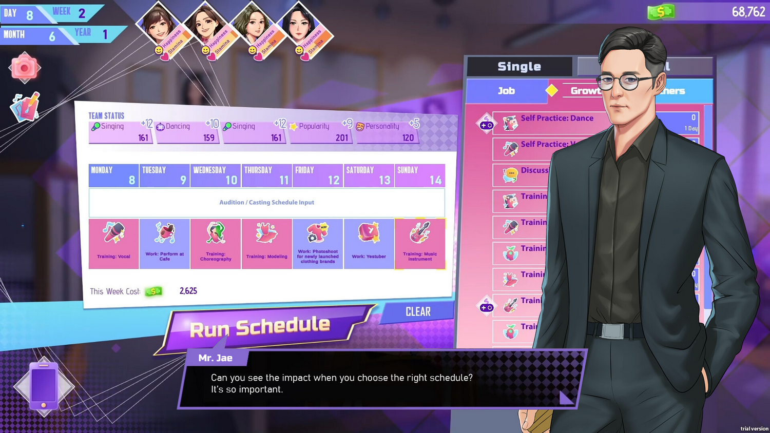 Una interfaz de juego muestra un horario con opciones de entrenamiento y un personaje en traje.