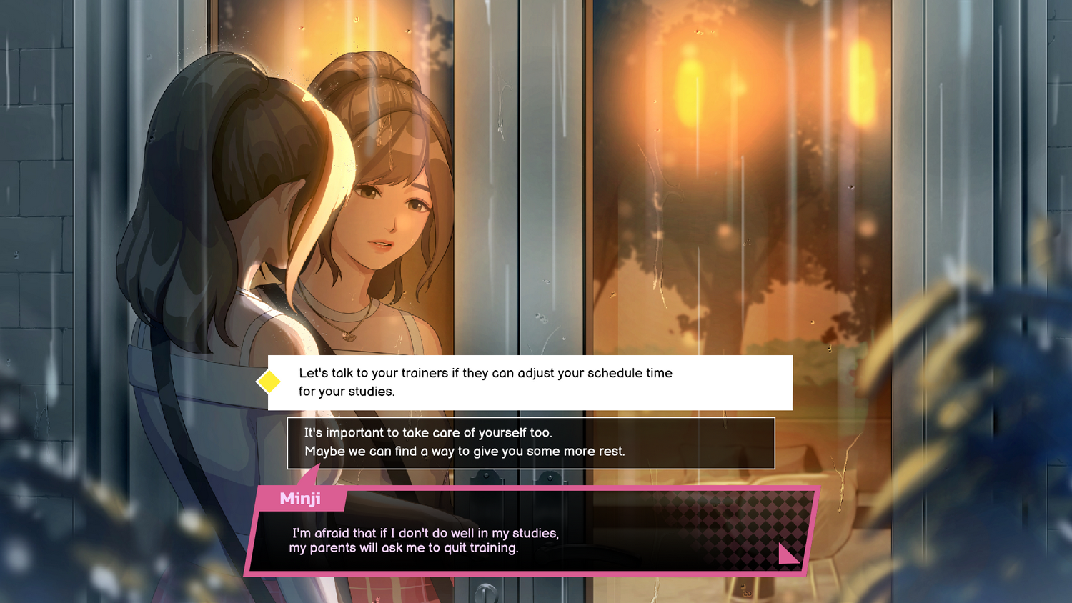 Imagen estilo anime de dos chicas. Una mira al espectador. Burbujas de texto discuten estudios y descanso.