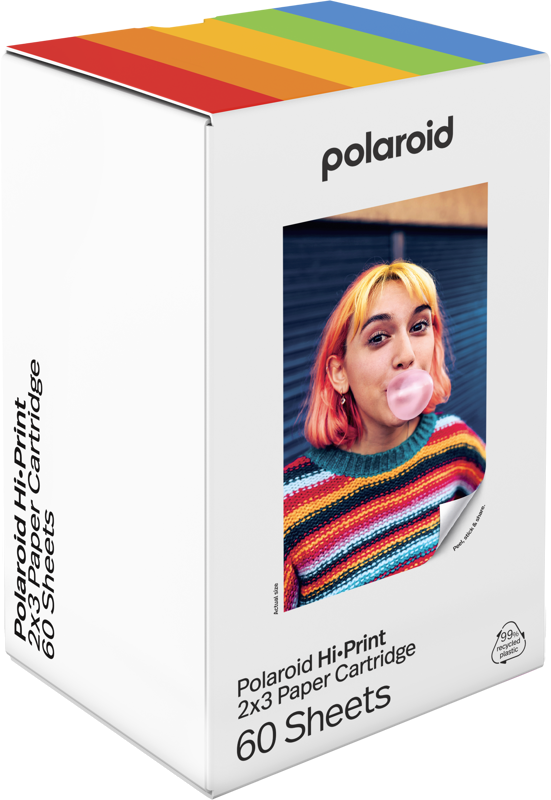 Caja Polaroid Hi-Print. Una persona sopla una burbuja. La caja tiene una franja de arcoíris. Dice Polaroid Hi-Print, 2x3 Paper Cartridge, 60 Sheets.