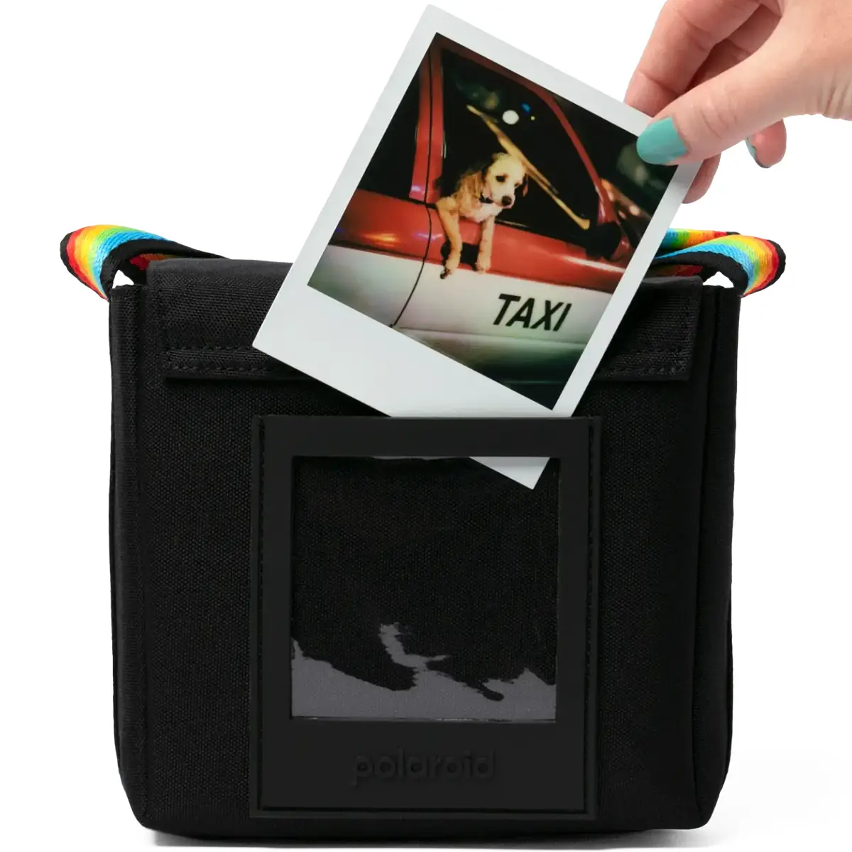 Una mano sostiene una foto Polaroid de un perro en un taxi. La foto está sobre una bolsa Polaroid negra con una correa arcoíris.