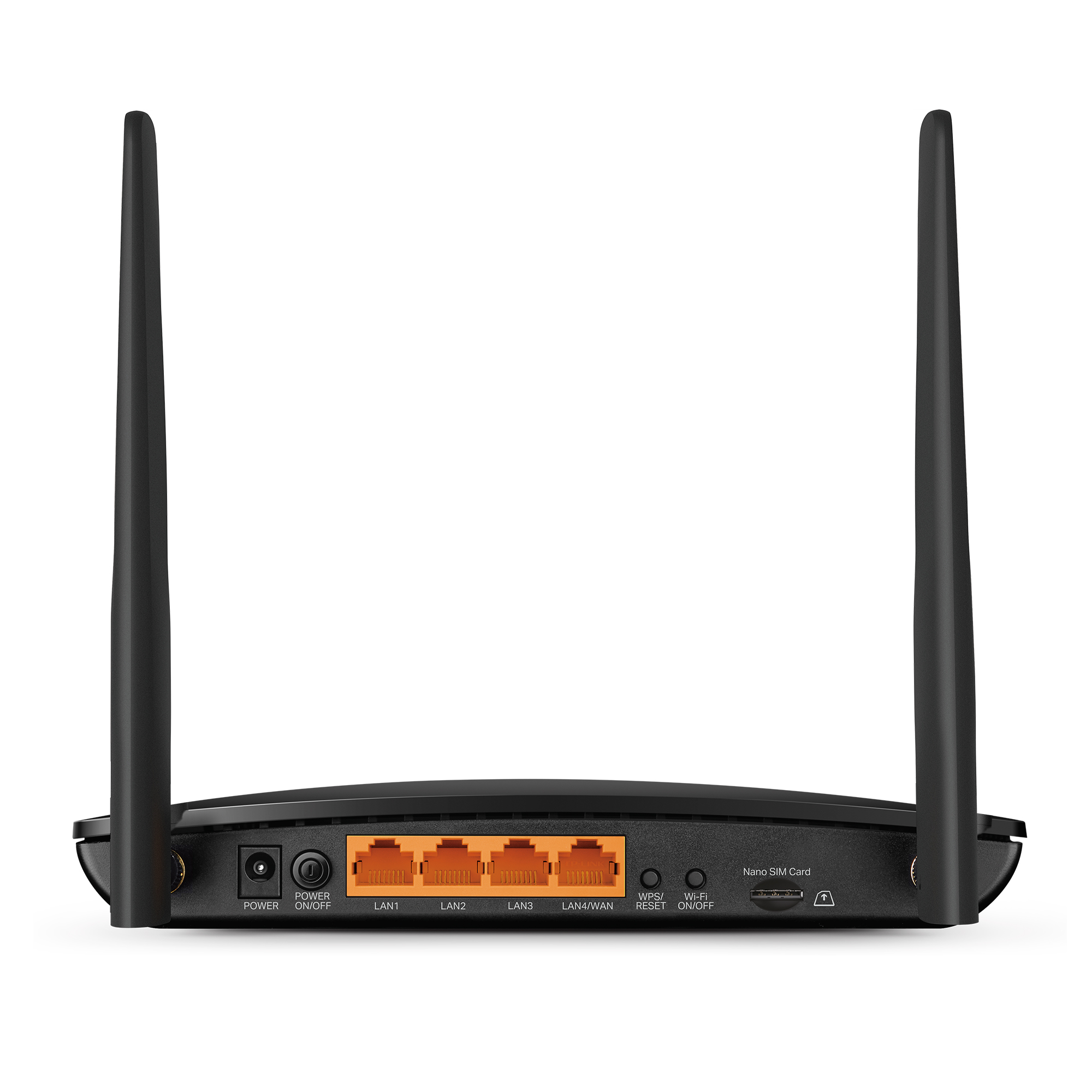 Enrutador negro con dos antenas. Tiene puertos LAN y WAN, y botones de encendido y Wi-Fi. Fondo blanco.