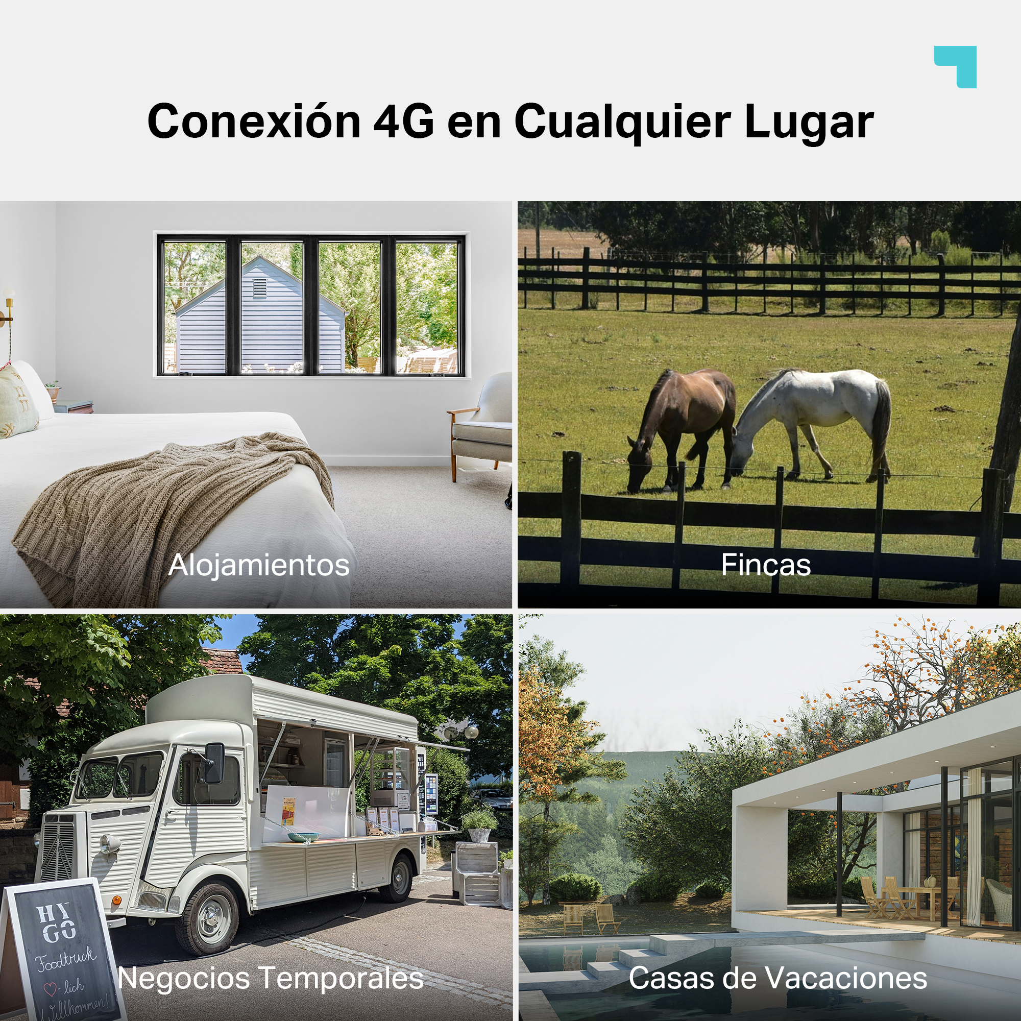 La imagen presenta cuatro escenas: un dormitorio, caballos en un campo, un camión de comida y una casa moderna con piscina.