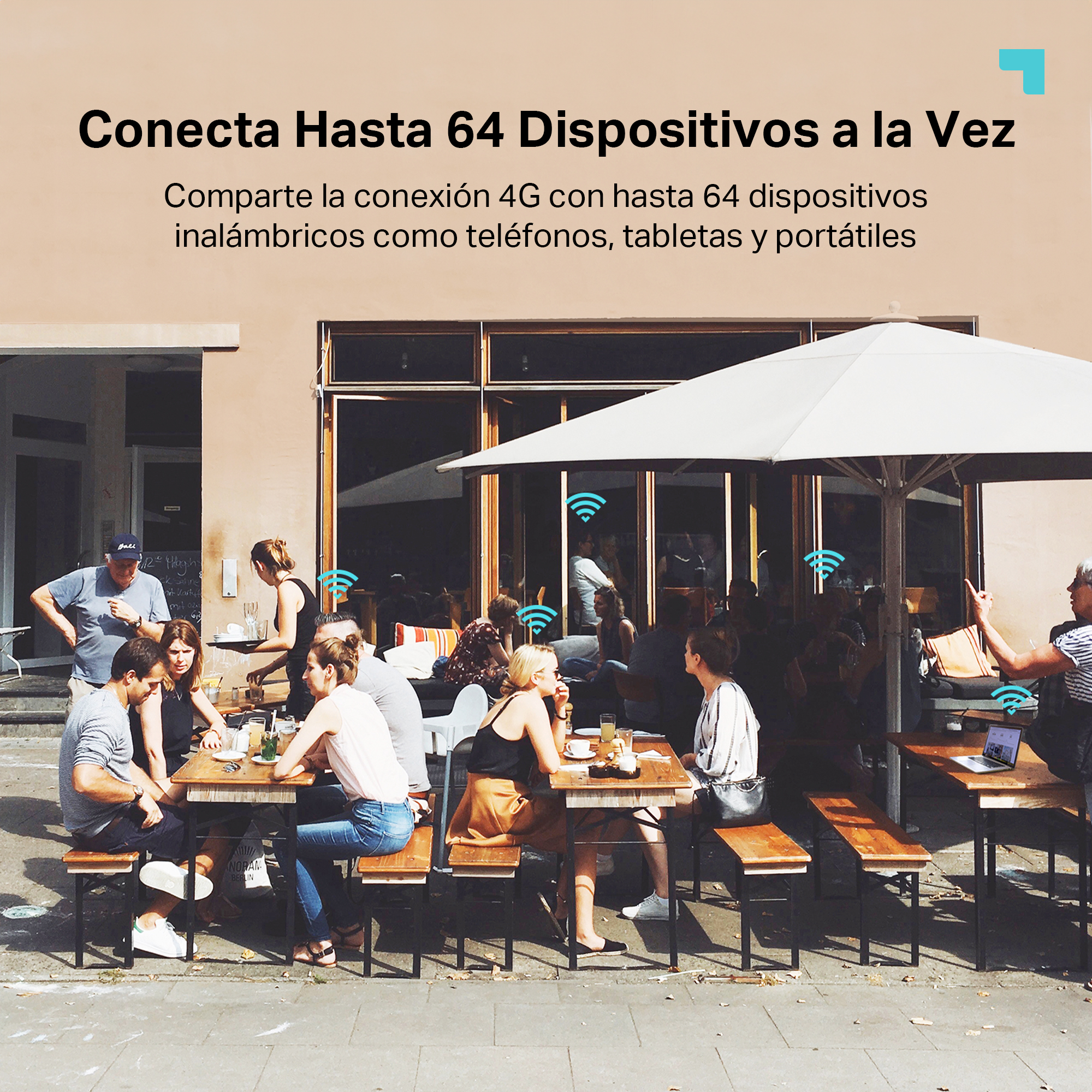 Personas sentadas en mesas al aire libre, bajo una gran sombrilla. Hay símbolos de Wi-Fi. El texto dice: Conecta hasta 64 dispositivos.