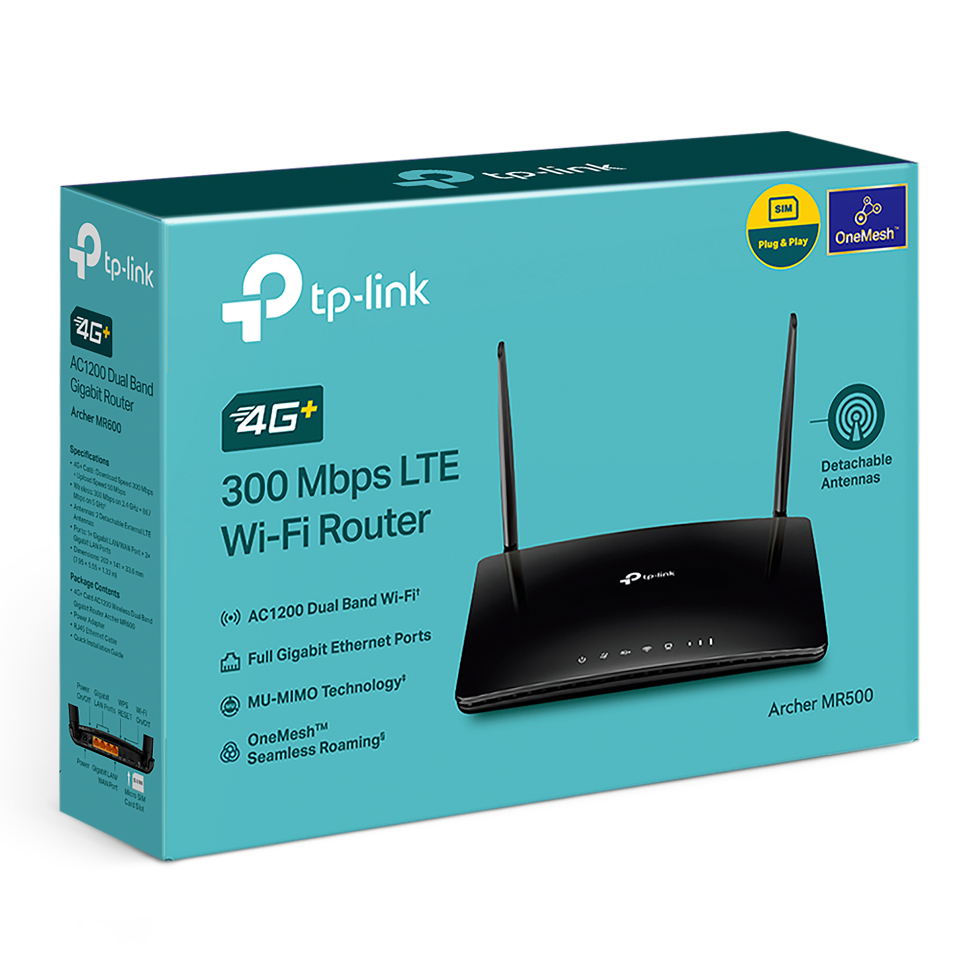 Un router TP-Link negro con dos antenas en una caja verde azulado. Dice '300 Mbps LTE Wi-Fi Router' y 'Archer MR500'.