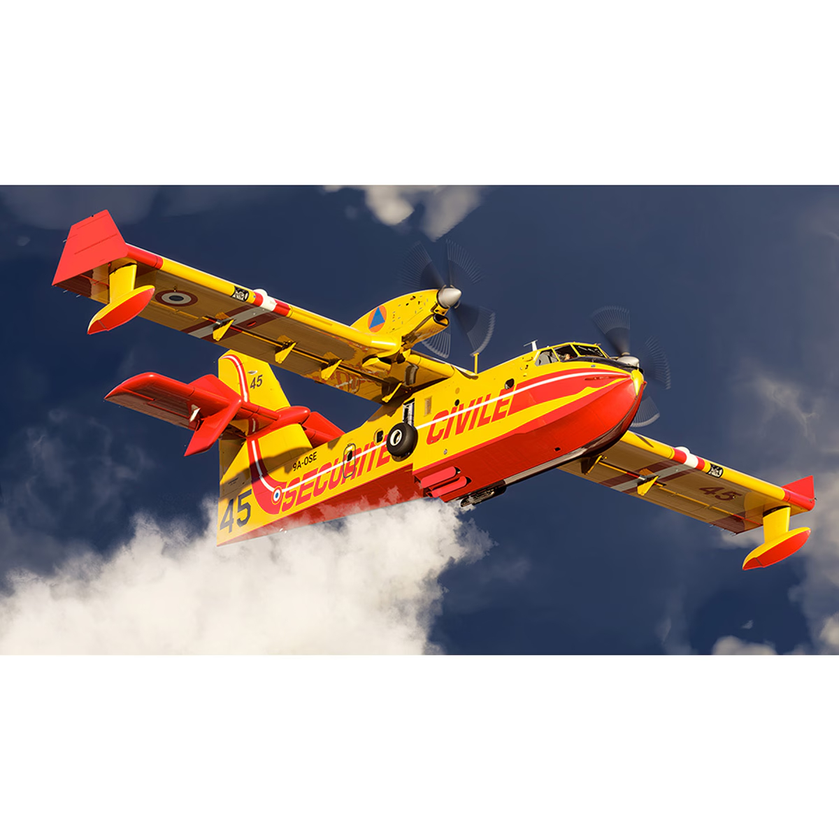 Un hidroavión amarillo y rojo vuela en un cielo nublado. El avión tiene la palabra 'SECURITE CIVILE'.