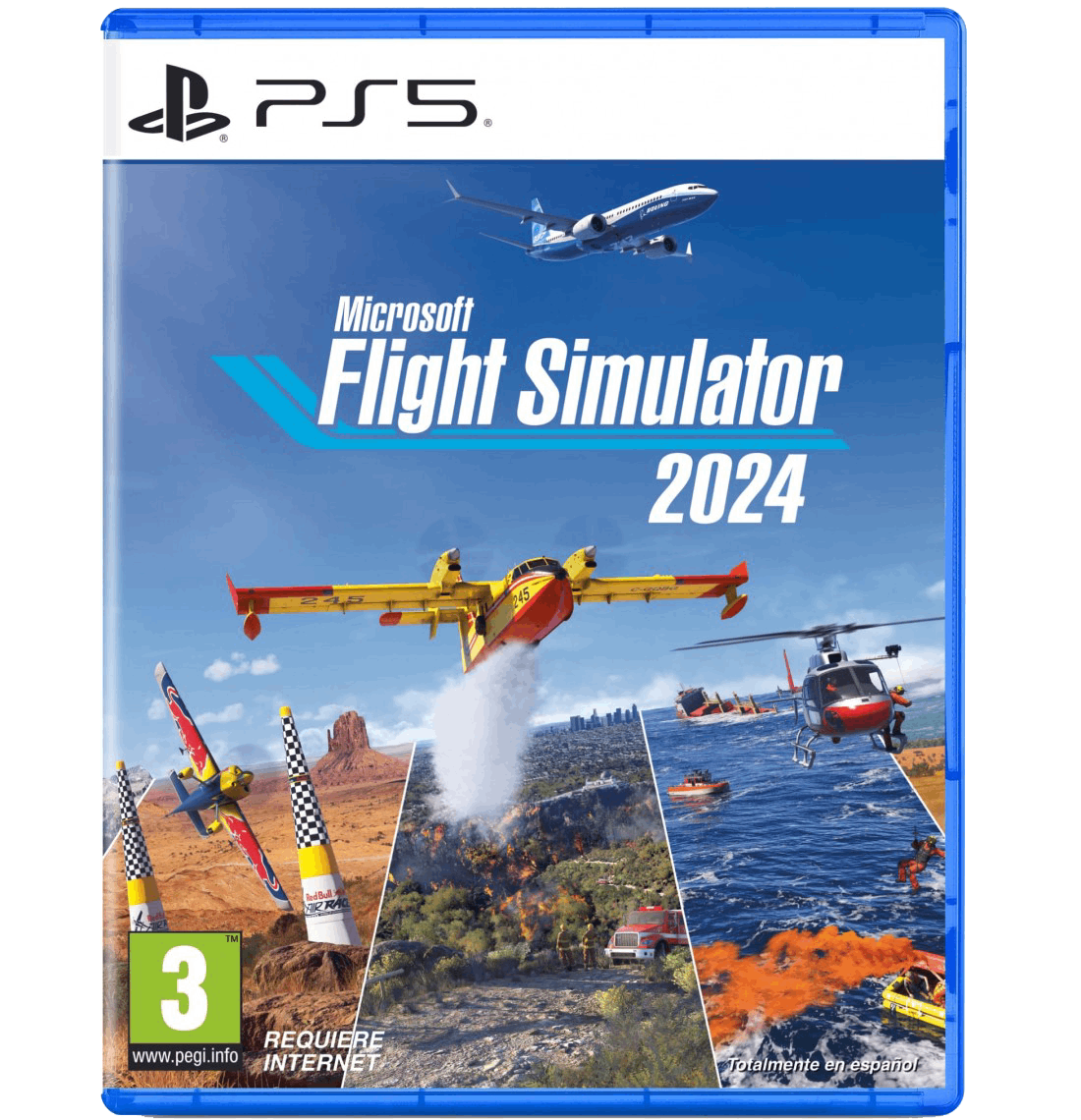 Portada del juego PS5. Presenta aviones, helicópteros y un camión de bomberos. El título es Microsoft Flight Simulator 2024. Fondo de cielo azul.