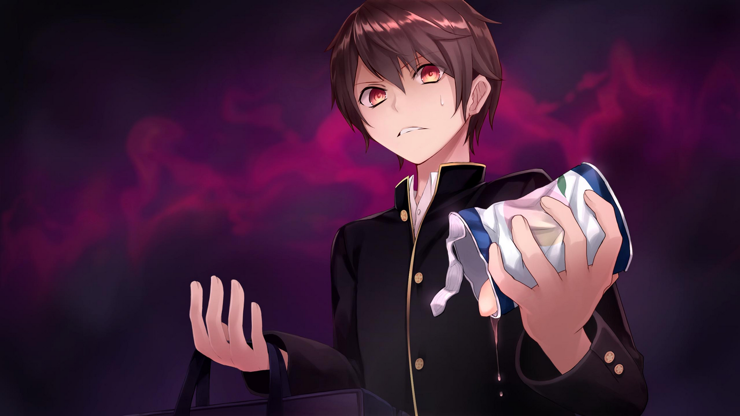 Chico anime en uniforme escolar. Sostiene un paño mojado, angustiado. El fondo es púrpura oscuro con patrones de humo.