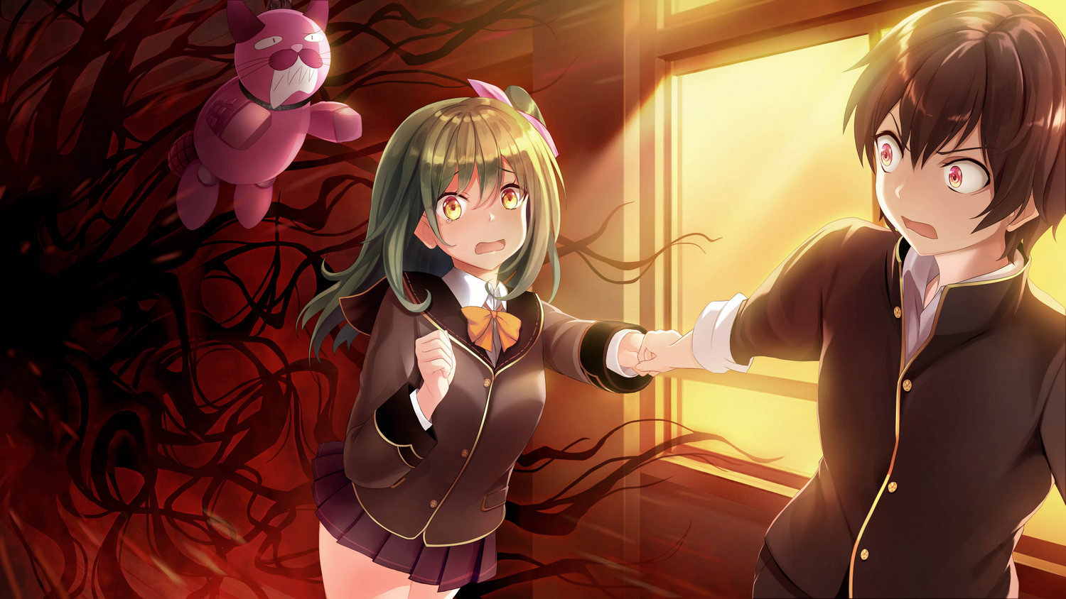 Arte estilo anime. Una chica y un chico están asustados. Una muñeca de gato rosa flota. Figuras rojas y sombrías los rodean. Luz brillante de la ventana.