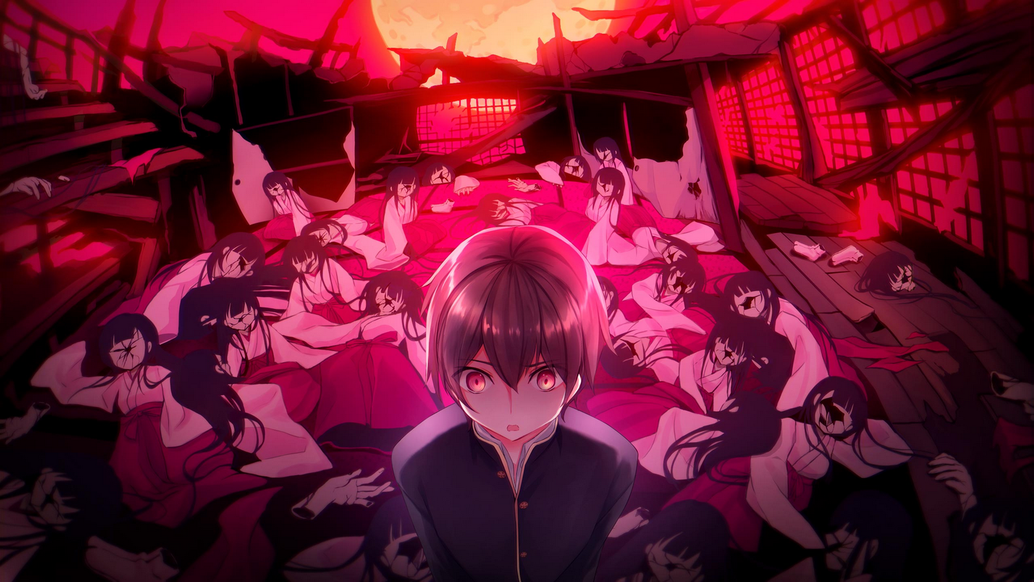 Escena estilo anime. Un chico mira al espectador, rodeado de figuras en blanco y rojo. El fondo muestra un cielo rojo y una estructura rota.
