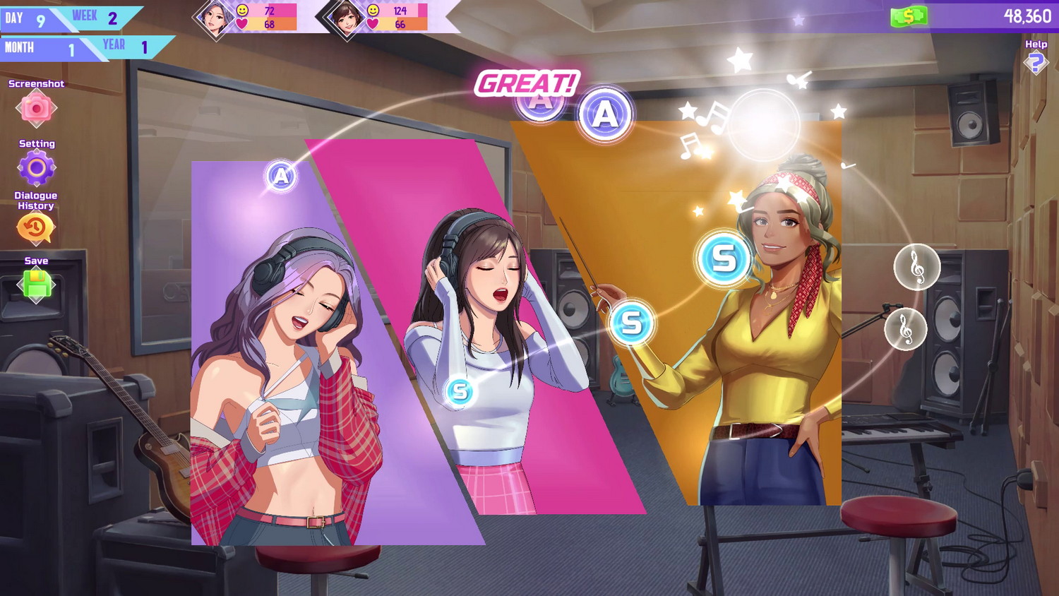 Tres mujeres anime cantan en un estudio. Una lleva auriculares y una camisa roja. La palabra 'GREAT!' está en el fondo.