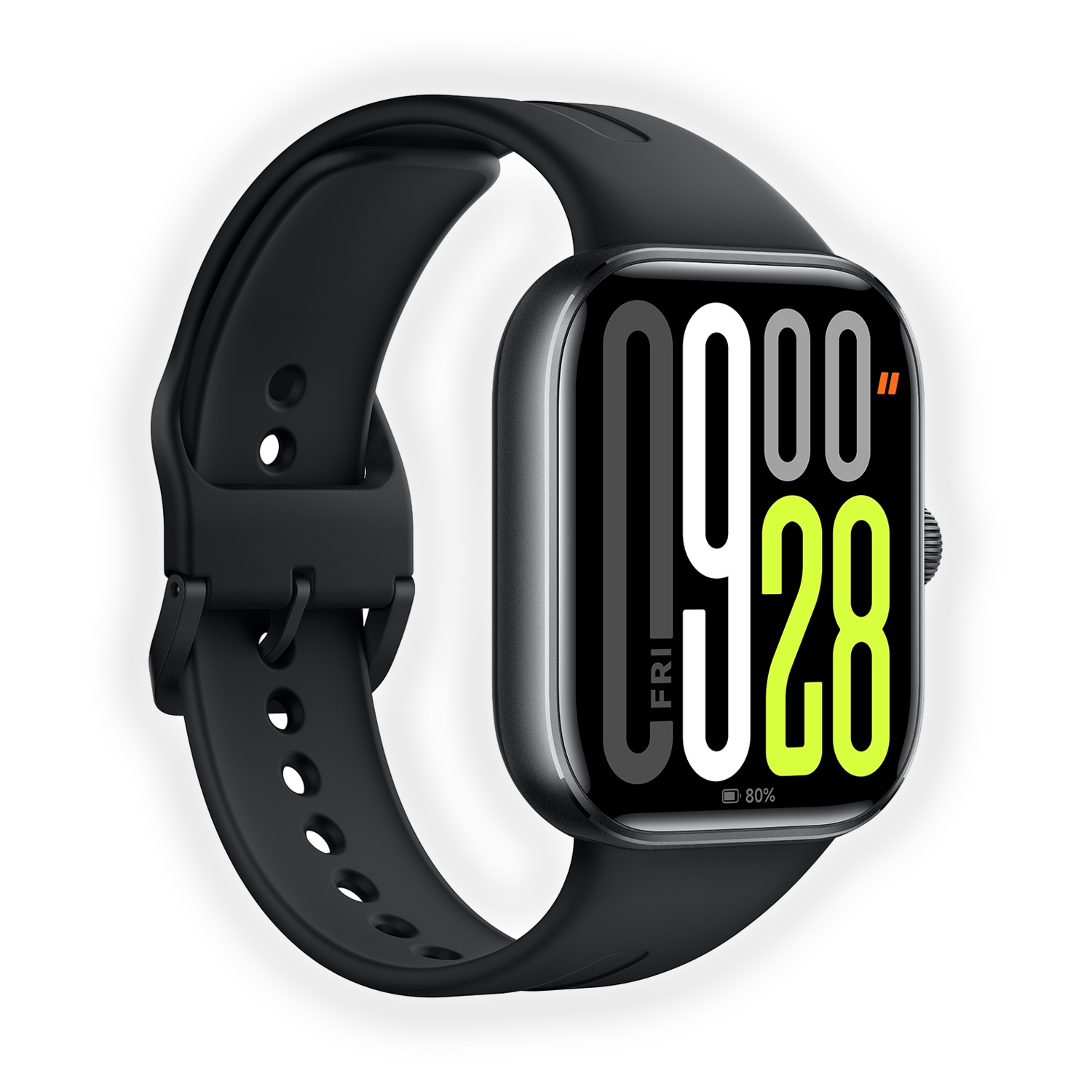 Uno smartwatch nero mostra 09:28, venerdì e l'80% di batteria. Ha un cinturino nero e un quadrante quadrato, su sfondo nero.