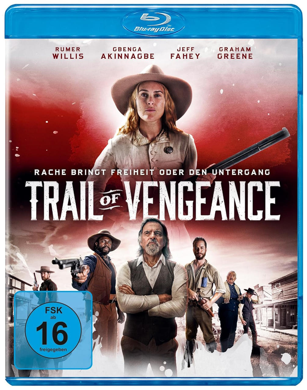 Blu-ray-Cover. Eine Frau mit Hut ist zentriert, mit anderen Schauspielern und dem Titel 'Trail of Vengeance'. Freigegeben ab 16 Jahren.