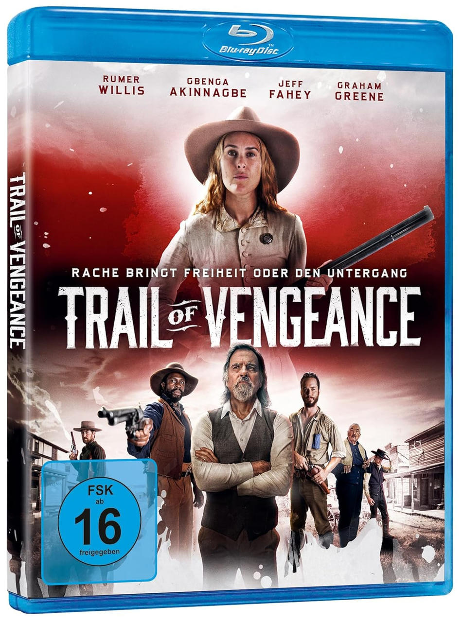 Blu-ray-Cover für 'Trail of Vengeance'. Es zeigt Schauspieler, eine Frau mit Hut und Gewehr, mit rotem Hintergrund und Western-Thema.