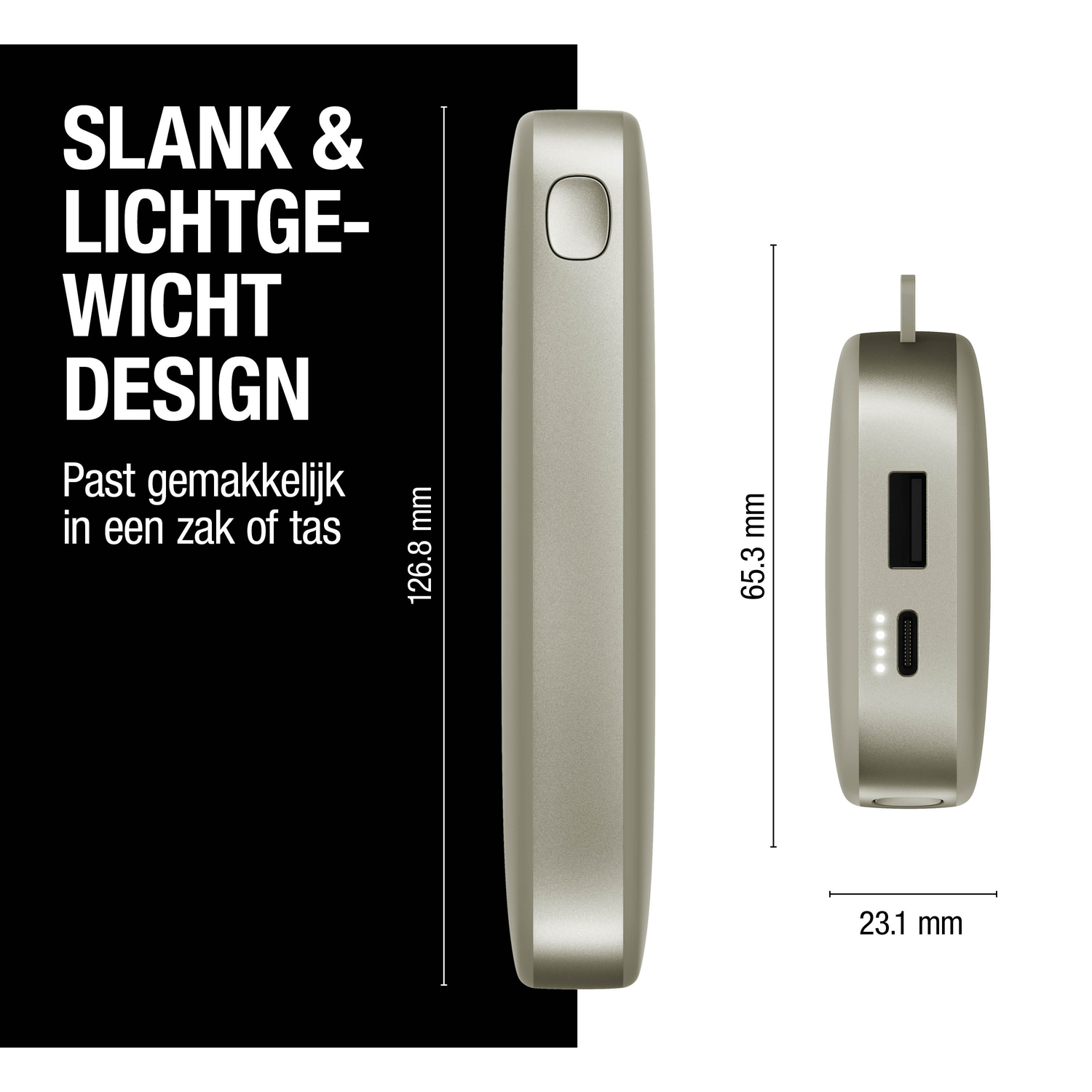 Image shows a slim, light design. Dimensions are displayed: 126.8 mm, 65.3 mm, and 23.1 mm. Text includes 'SLANK & LICHTGEWICHT DESIGN'.