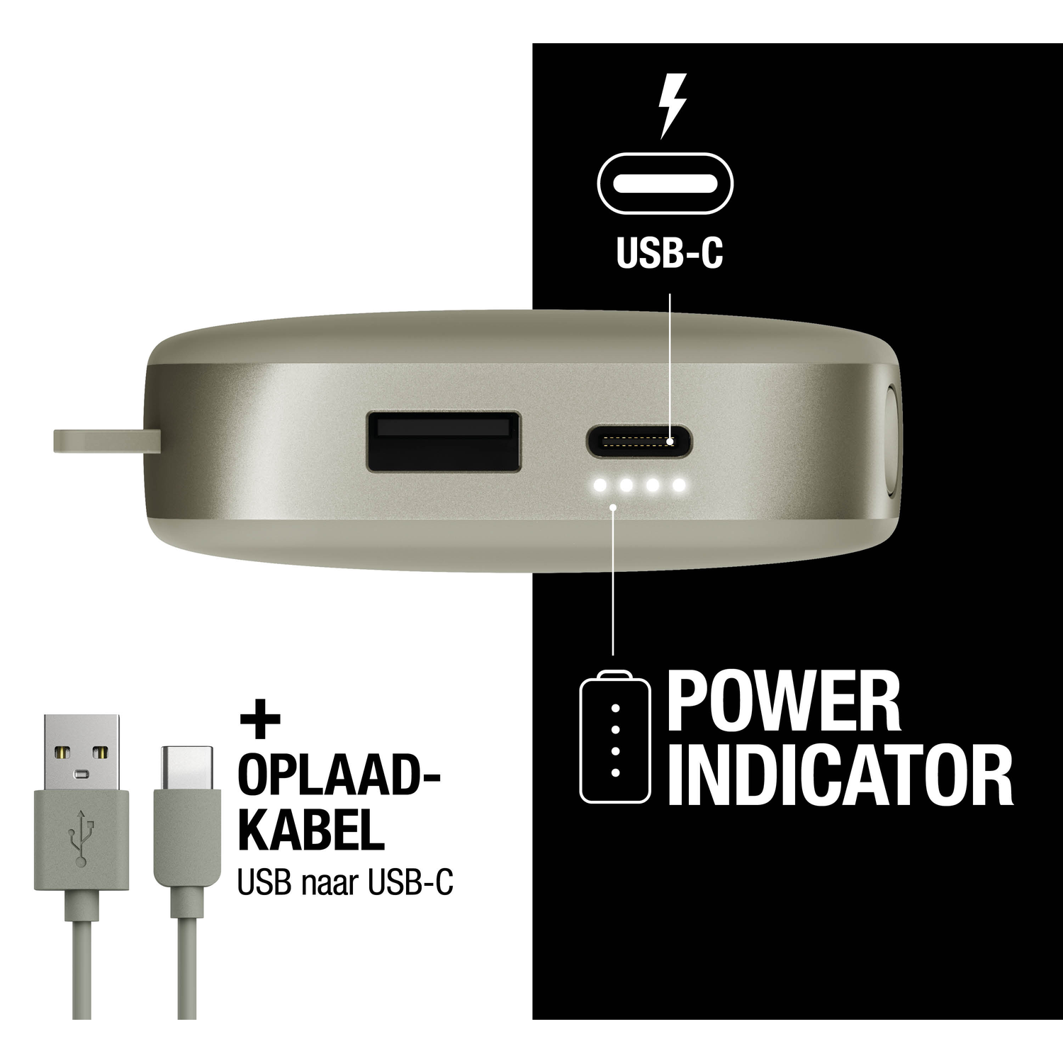 A beige power bank with USB and USB-C ports. Cables and power indicator are also shown. Black and white background.