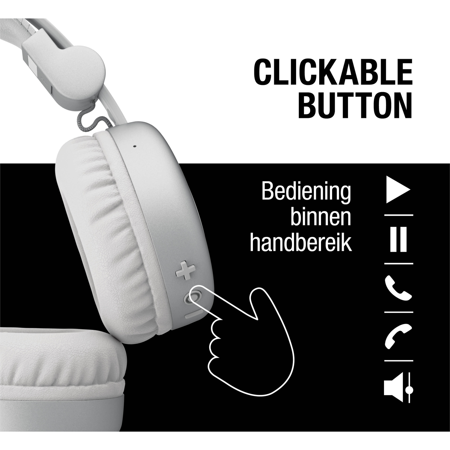 Witte koptelefoon met klikbare knop. Een hand wijst naar de knop, met pictogrammen voor afspelen, pauzeren en telefoongesprekken.