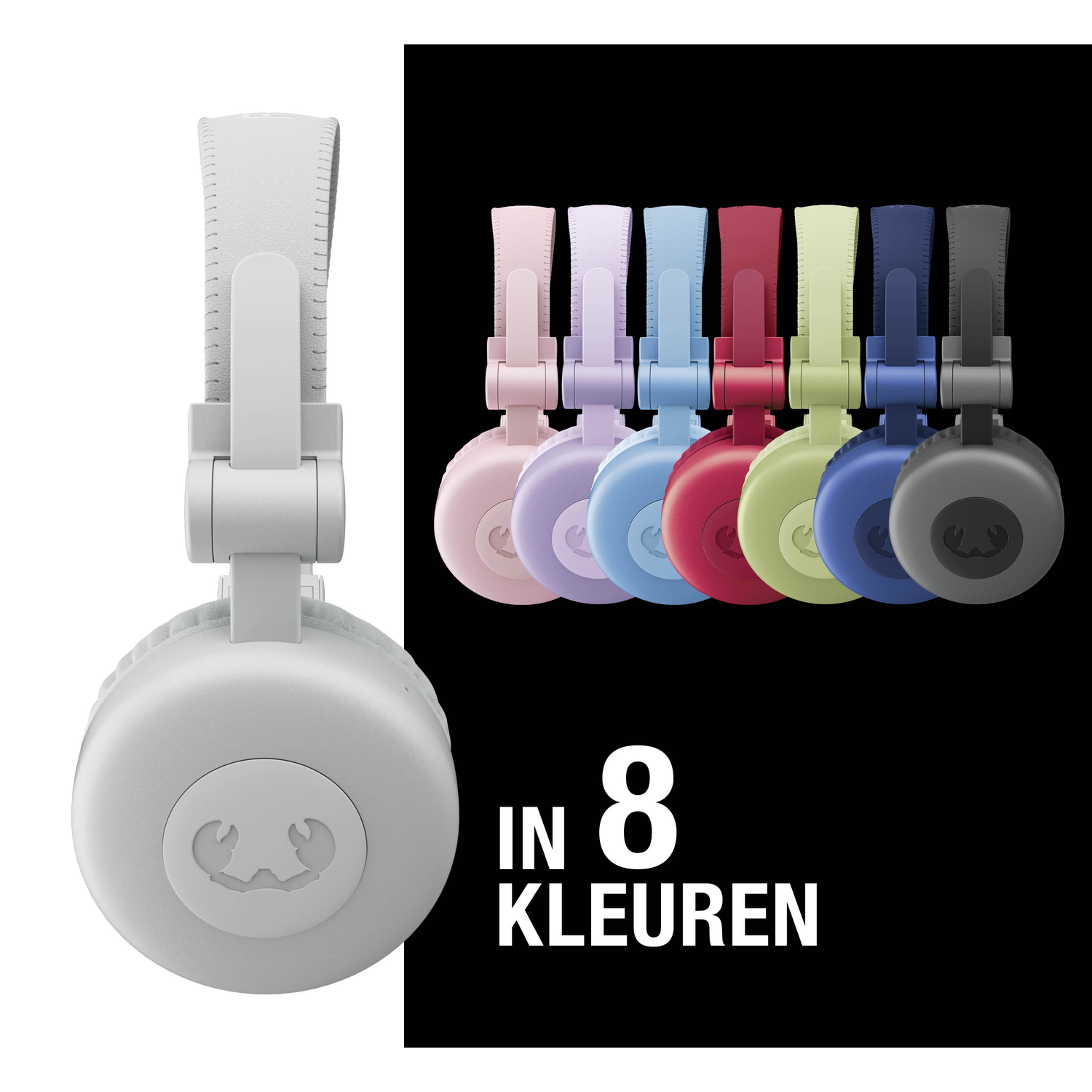 Afbeelding toont een witte koptelefoon en zeven kleurrijke koptelefoons op een zwarte achtergrond, met tekst 'IN 8 KLEUREN'.