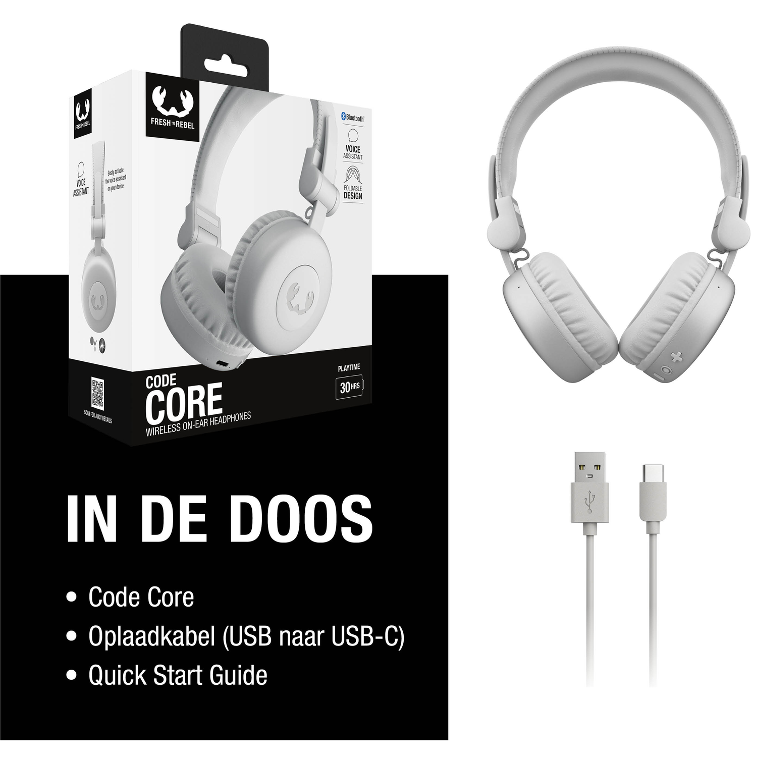 Afbeelding toont witte koptelefoon, doos en oplaadkabels. Op de doos staat 'Code Core' en 'Fresh Rebel'. Accessoires worden vermeld.