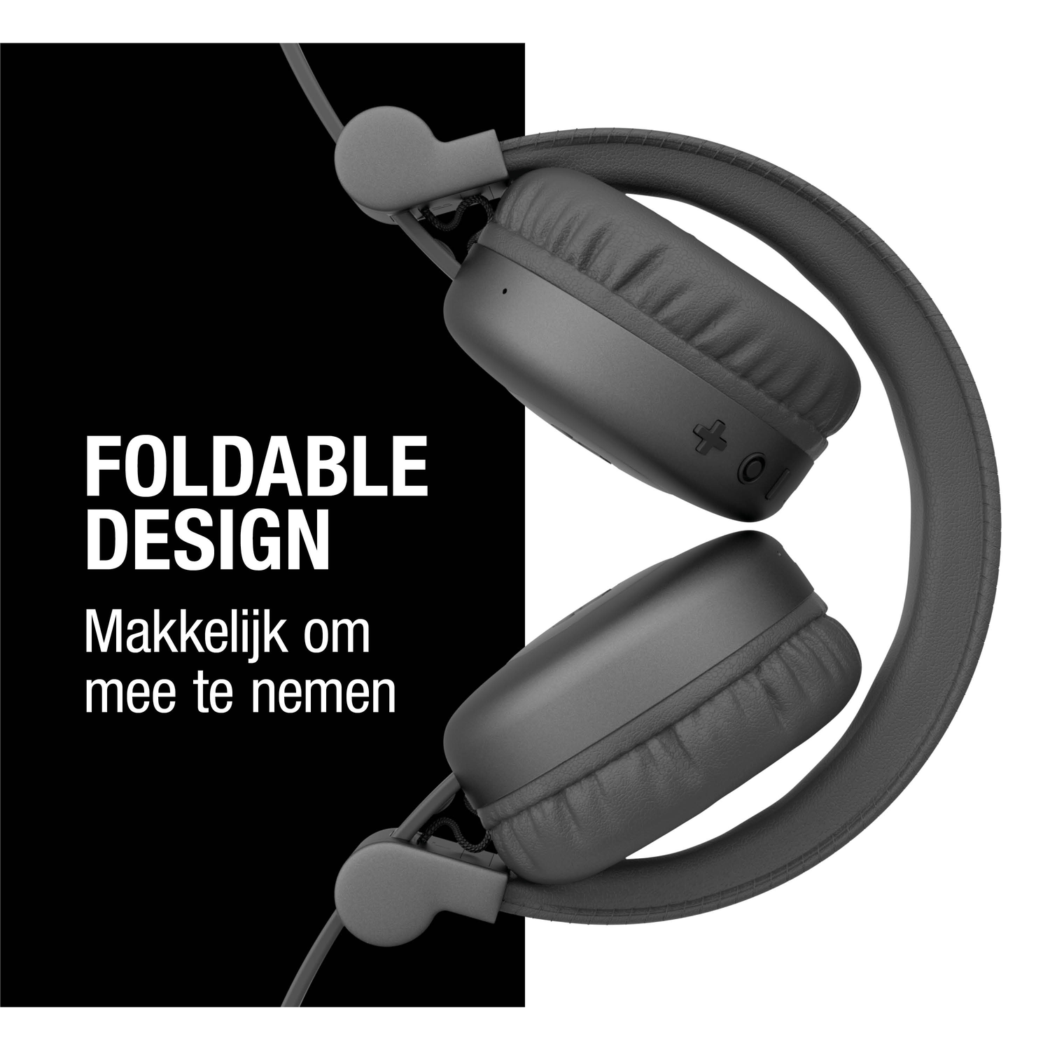 Opvouwbare grijze koptelefoon op witte achtergrond. Tekst luidt 'FOLDABLE DESIGN' en 'Makkelijk om mee te nemen' op zwarte achtergrond.