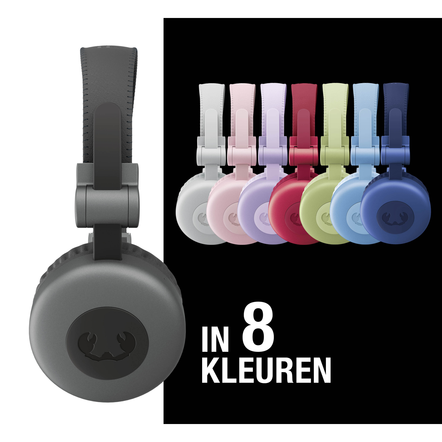 Hoofdtelefoons in diverse kleuren: grijs, wit, roze, paars, rood, groen, lichtblauw en donkerblauw. Tekst: IN 8 KLEUREN.