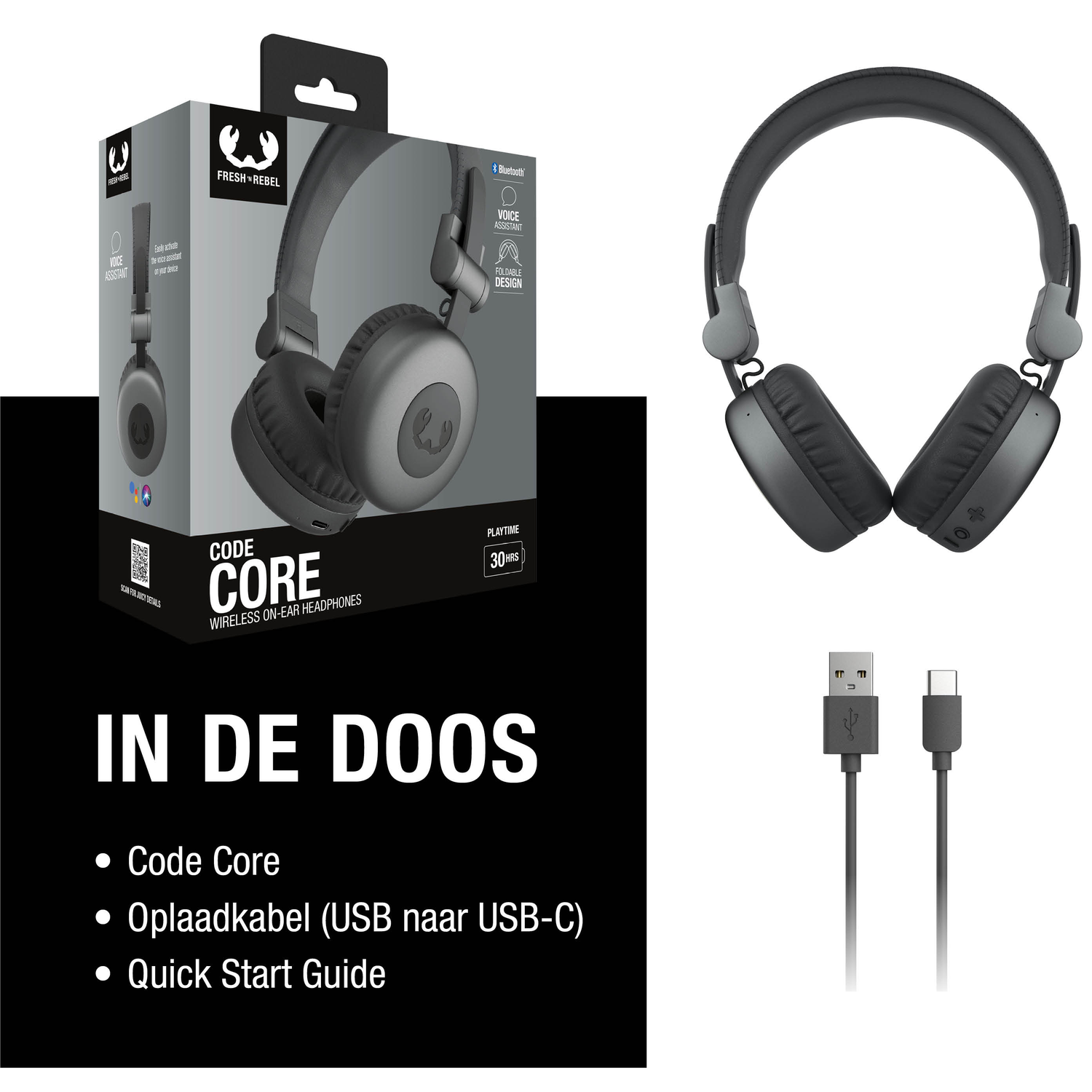 Afbeelding toont een zwarte Fresh 'n Rebel Code Core headset, doos en oplaadkabels. Tekst bevat 'IN DE DOOS' en artikelbeschrijvingen.