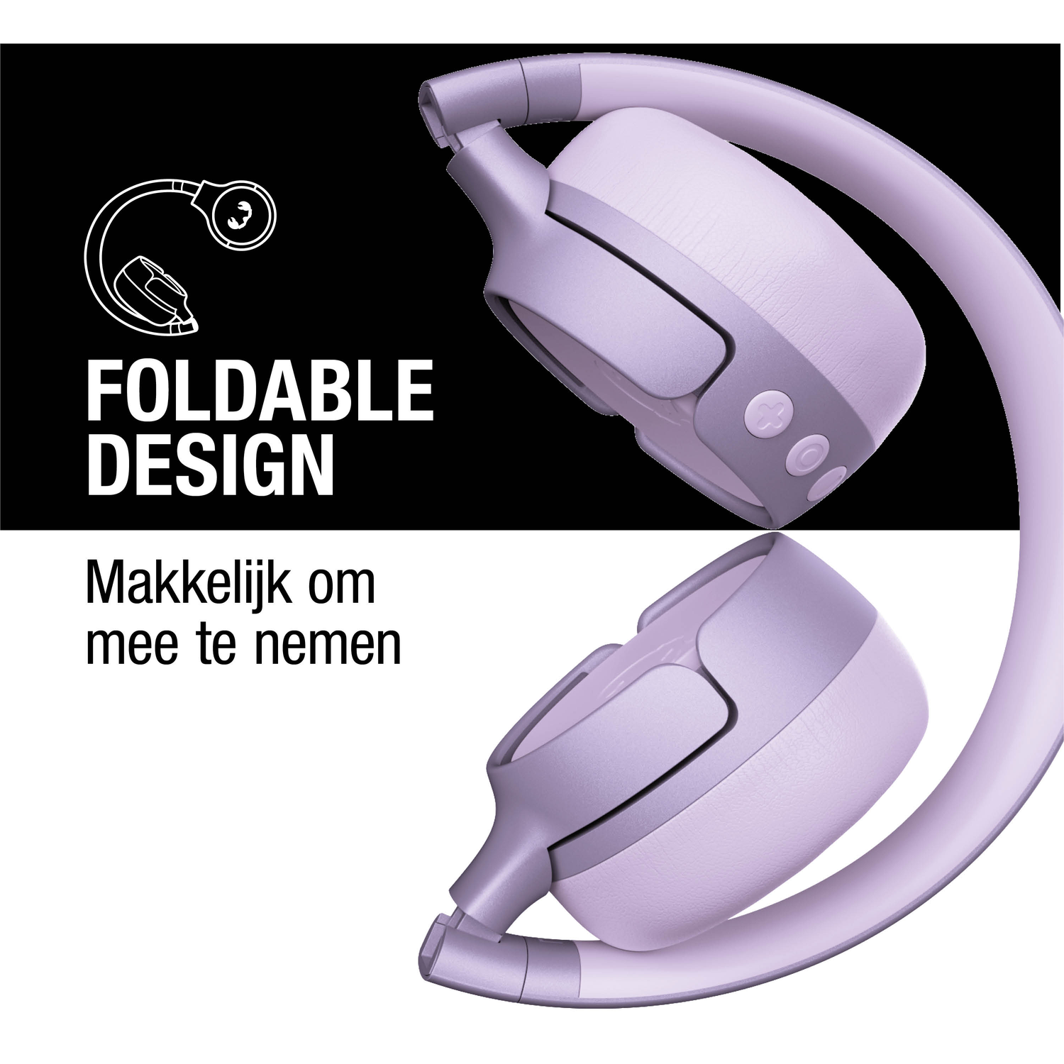 Opvouwbare paarse koptelefoon op witte achtergrond. Tekst: 'Foldable Design' en 'Makkelijk om mee te nemen'.