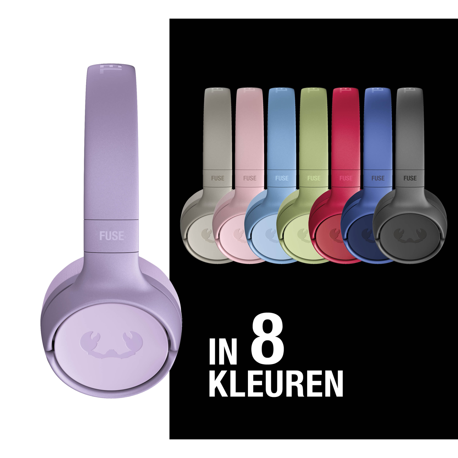 Hoofdtelefoons in diverse kleuren: grijs, roze, blauw, groen, rood, donkerblauw en zwart. Tekst: 'IN 8 KLEUREN'.