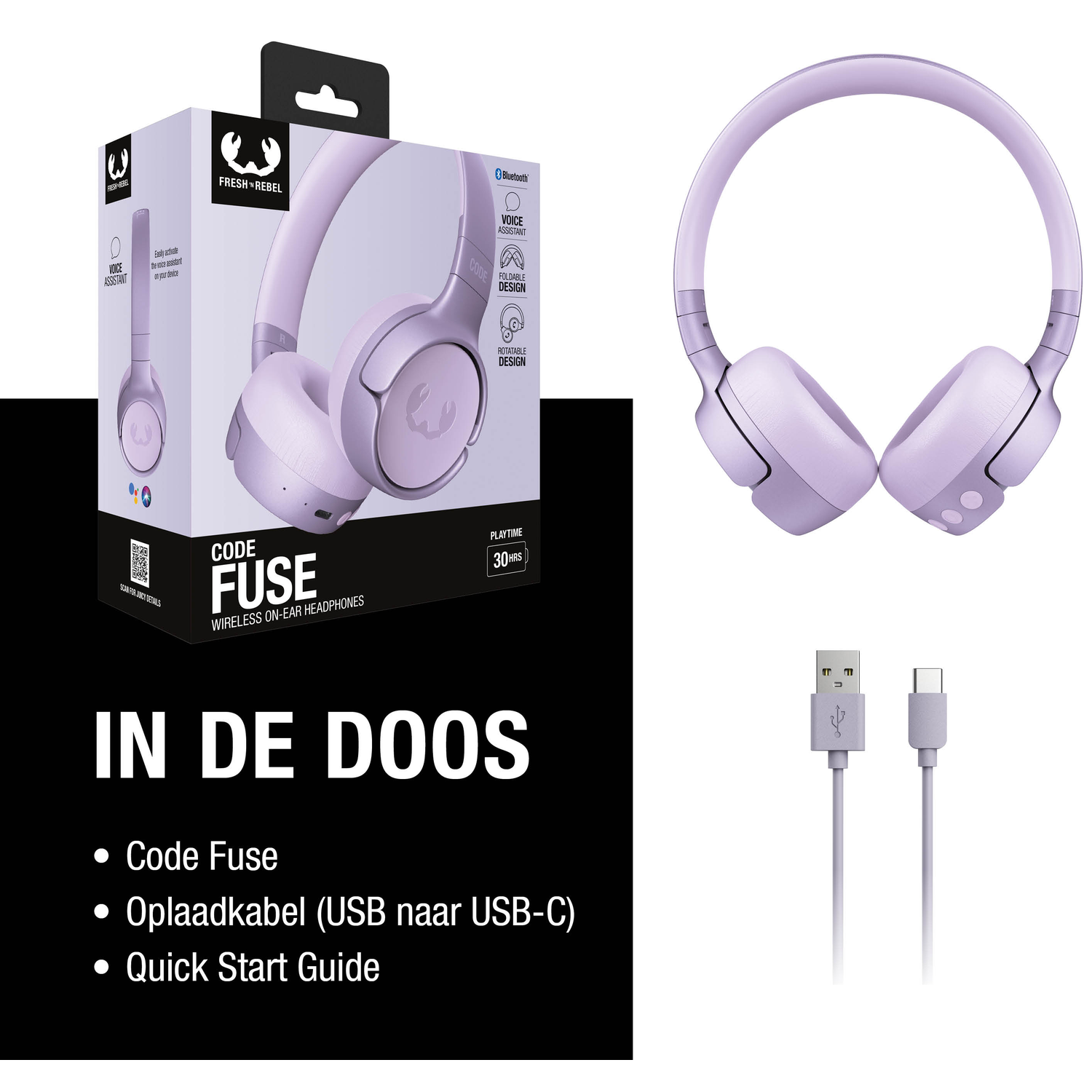 Afbeelding toont een paarse koptelefoon, doos en kabels. De doos heeft een koptelefoonafbeelding en de tekst 'CODE FUSE'. Inclusief een USB-C-kabel.