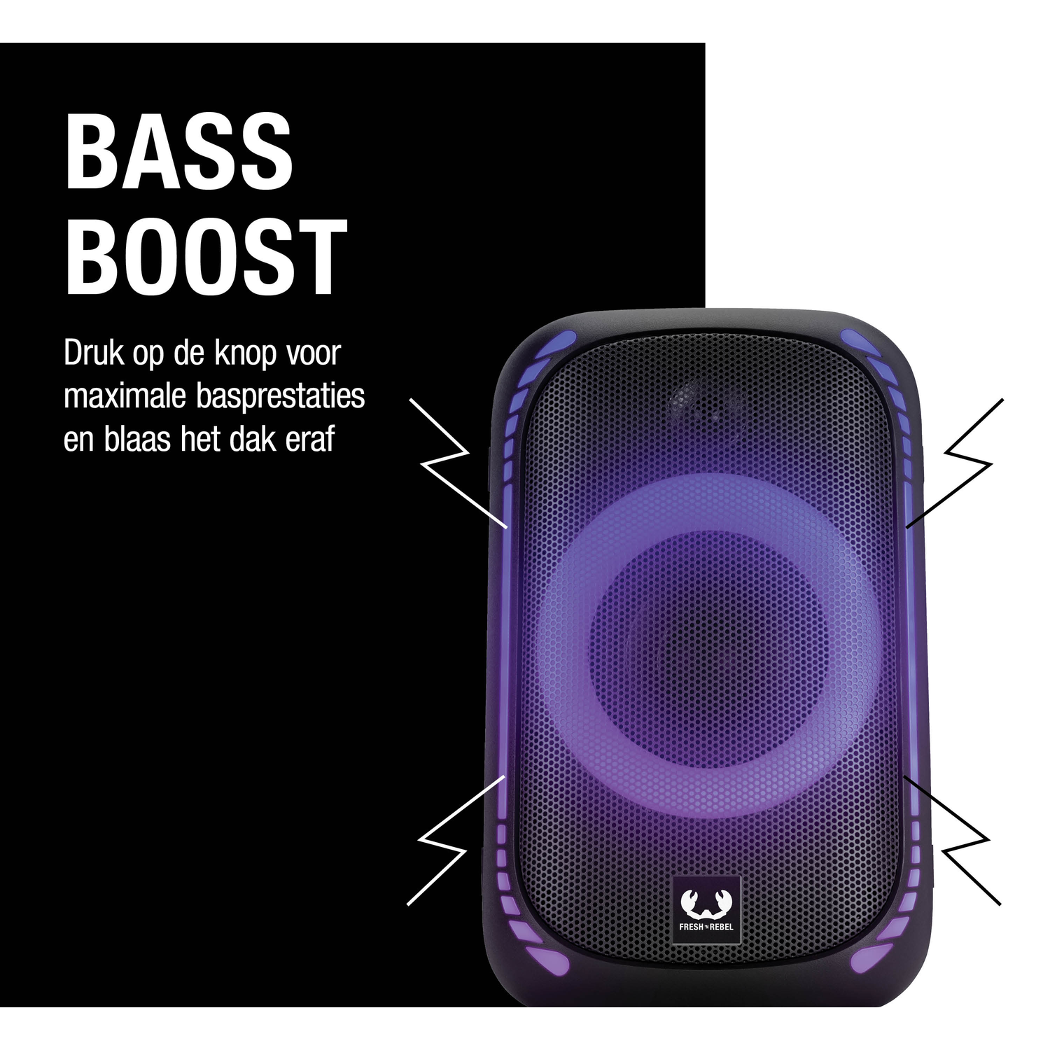Een zwarte luidspreker met paarse lichten, de tekst 'BASS BOOST' en een slogan op de achtergrond.