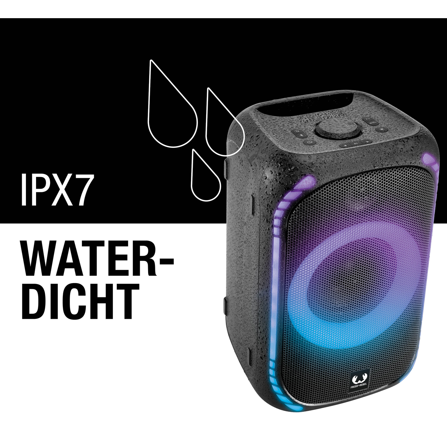 Een zwarte luidspreker met waterdruppels. Het heeft een gaasfront met een blauwe en paarse lichtring en de woorden IPX7 WATER-DICHT.