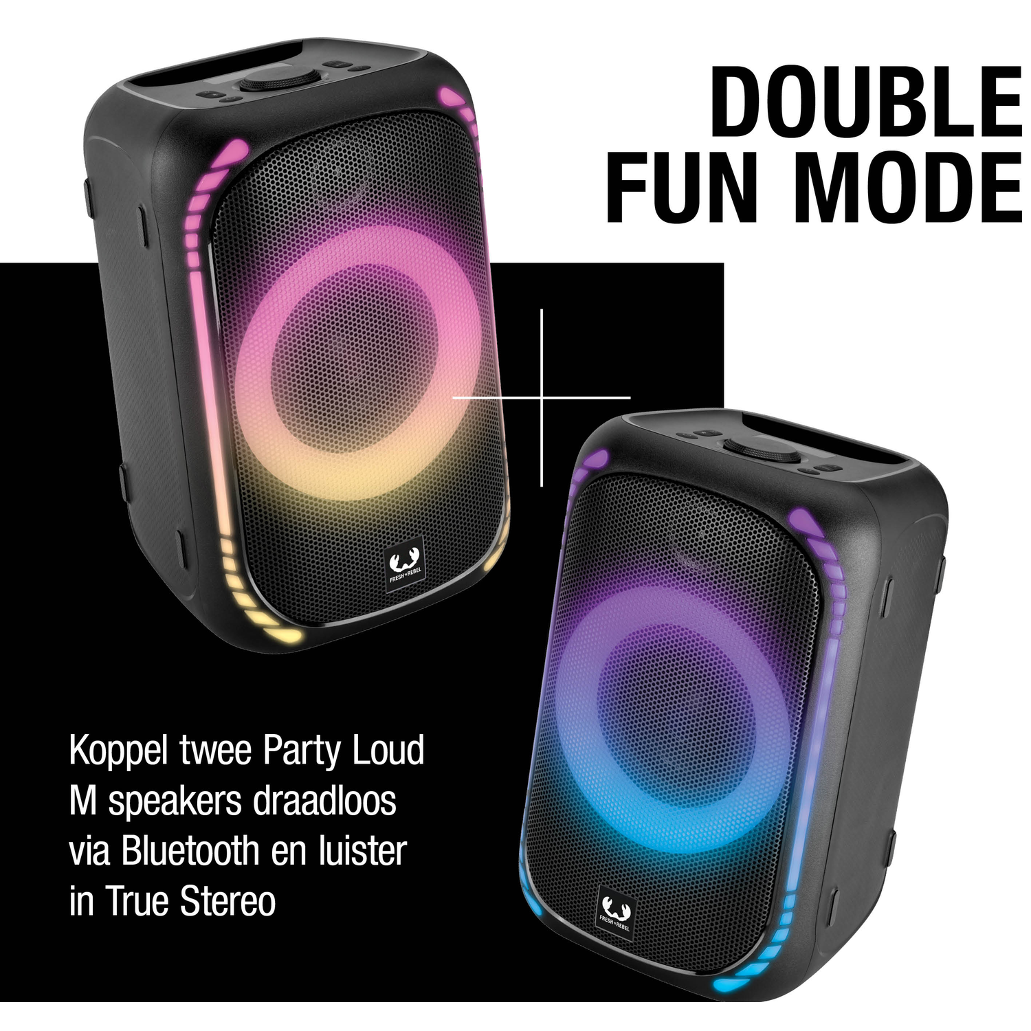 Twee zwarte speakers met kleurrijke lichtringen, tekst 'DOUBLE FUN MODE' en productdetails.