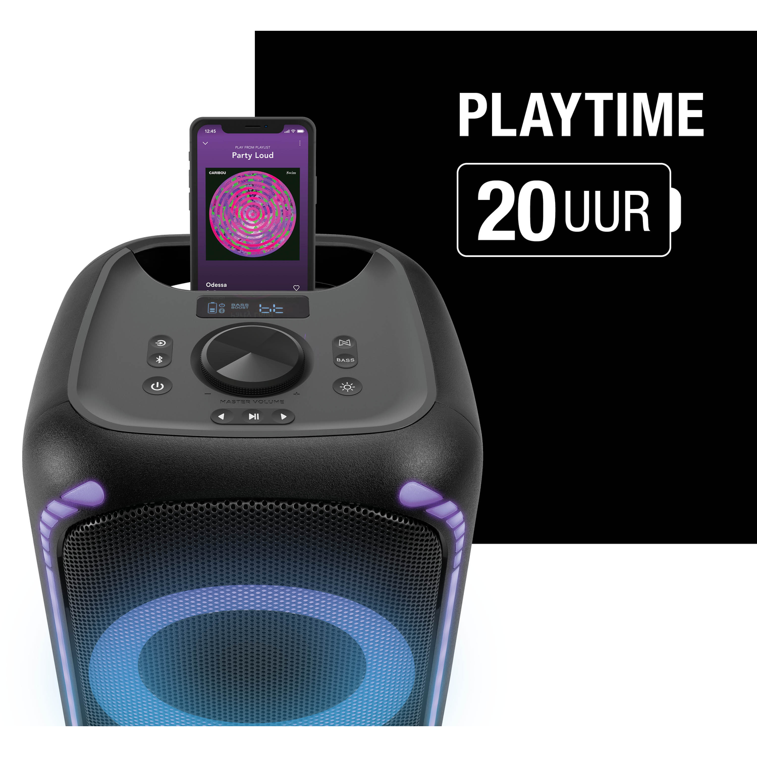 Een zwarte luidspreker met een telefoon die een muziek-app weergeeft. Tekst zegt 'Playtime 20 UUR'. Blauwe en paarse lichten.