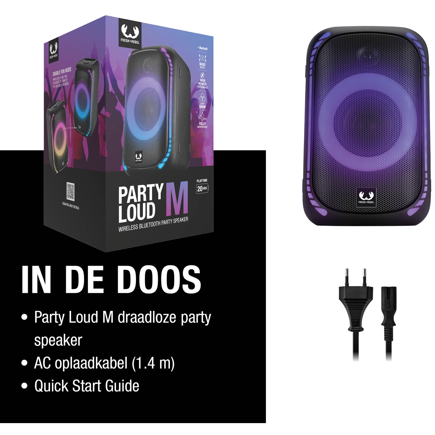 Een zwarte Party Loud M-luidspreker met een gloeiende paarse ring, een doos en een voedingskabel zijn zichtbaar. Tekst bevat productdetails.
