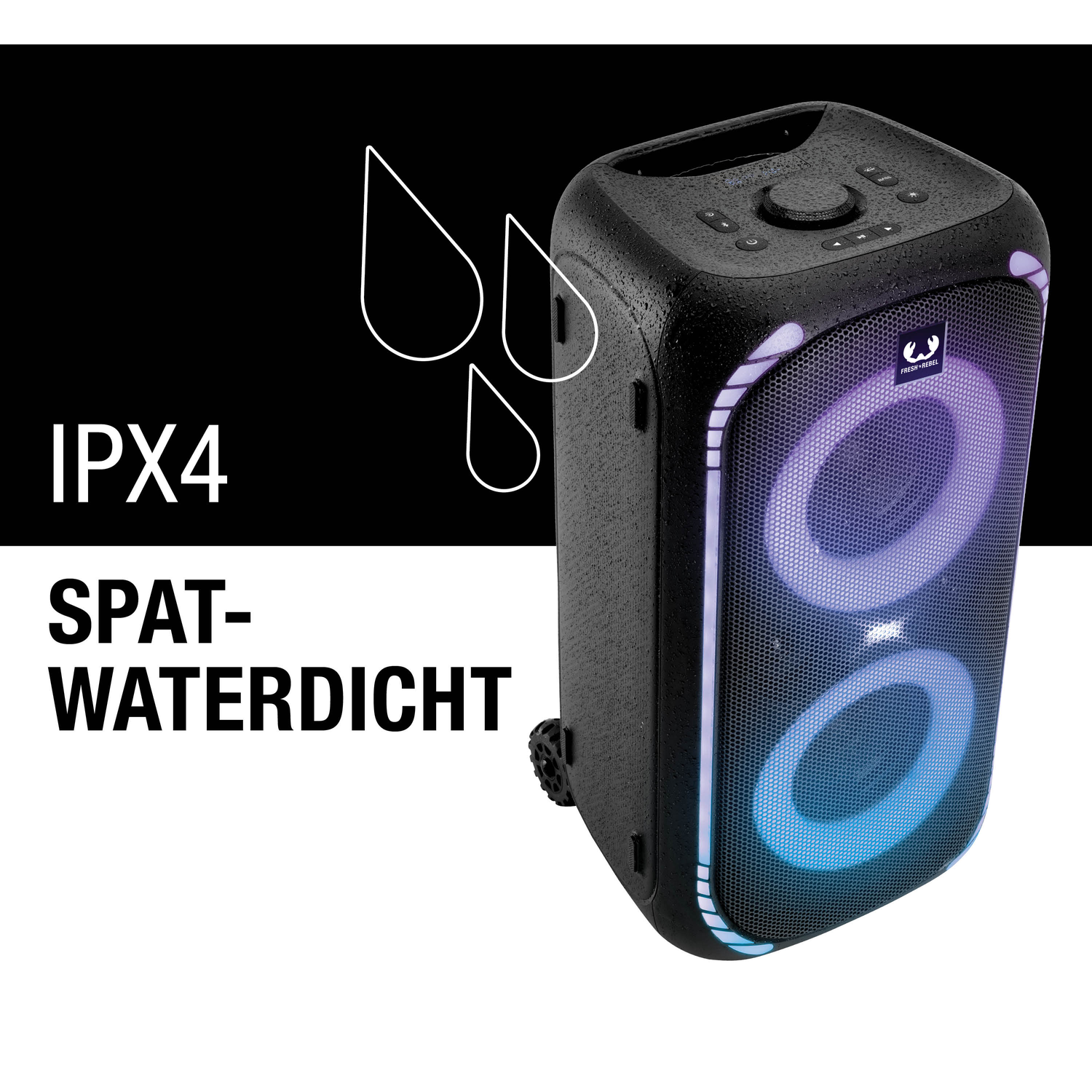 A black, water-resistant speaker with blue and purple lights. White water drop icons and text 'IPX4' and 'SPAT-WATERDICHT' are present.