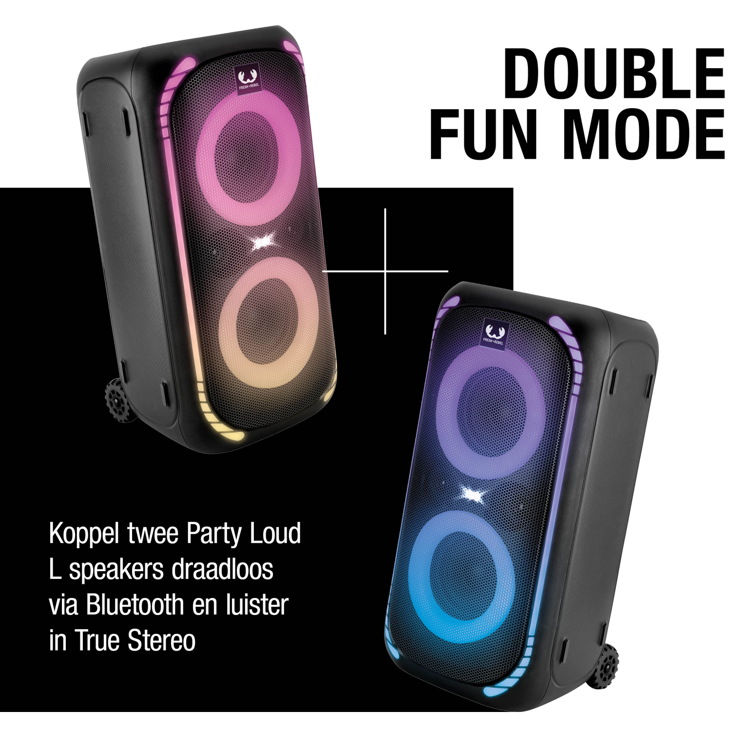 Two black speakers with colorful illuminated circles. Text says 'DOUBLE FUN MODE' and product features.