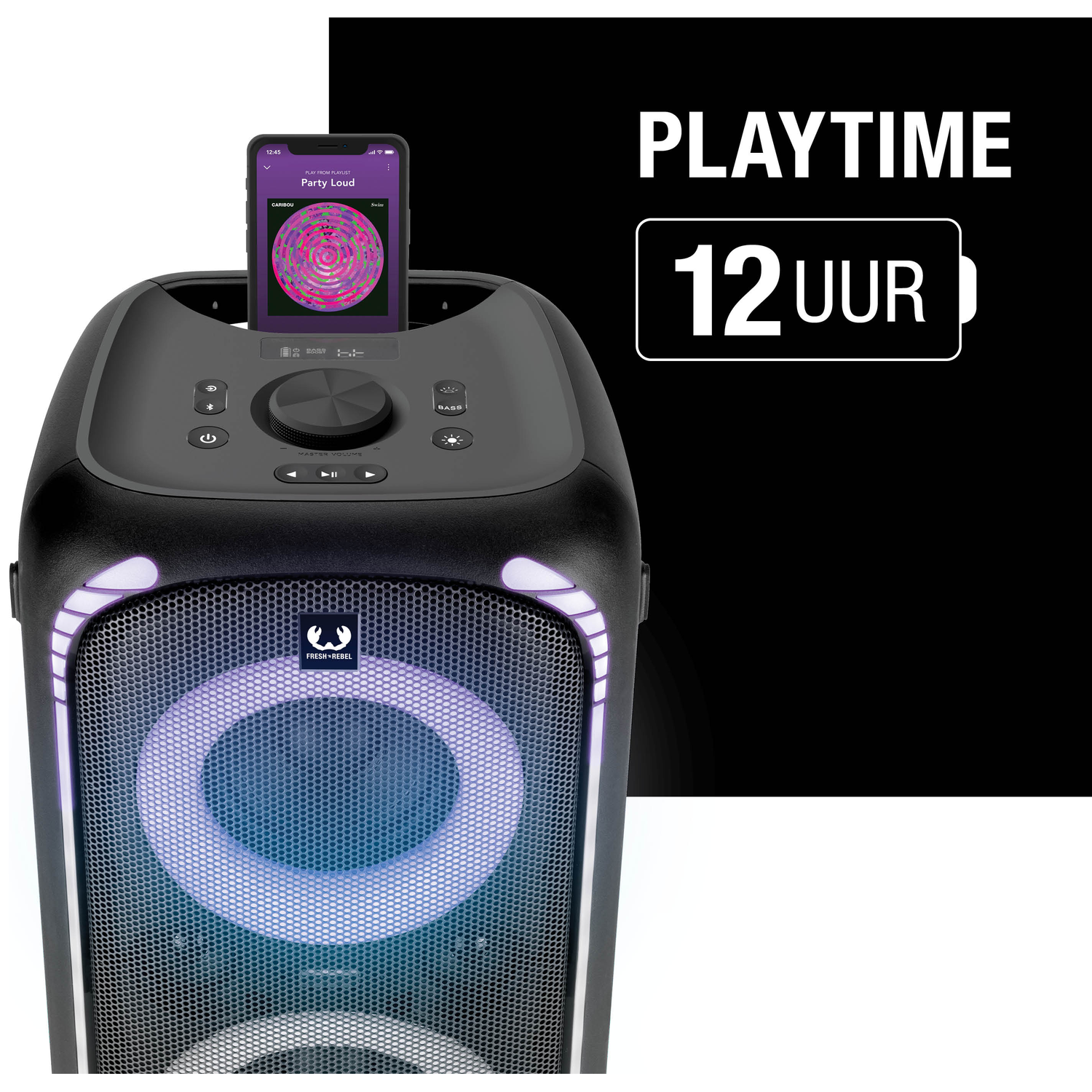 A black speaker with a phone displaying music. Lights are around the speaker. Text reads 'PLAYTIME 12UUR'.