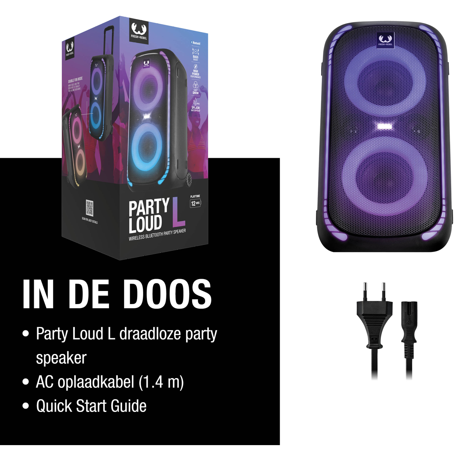 A black Party Loud speaker with colorful lights. Next to it, a box with the speaker's image and a power cable.