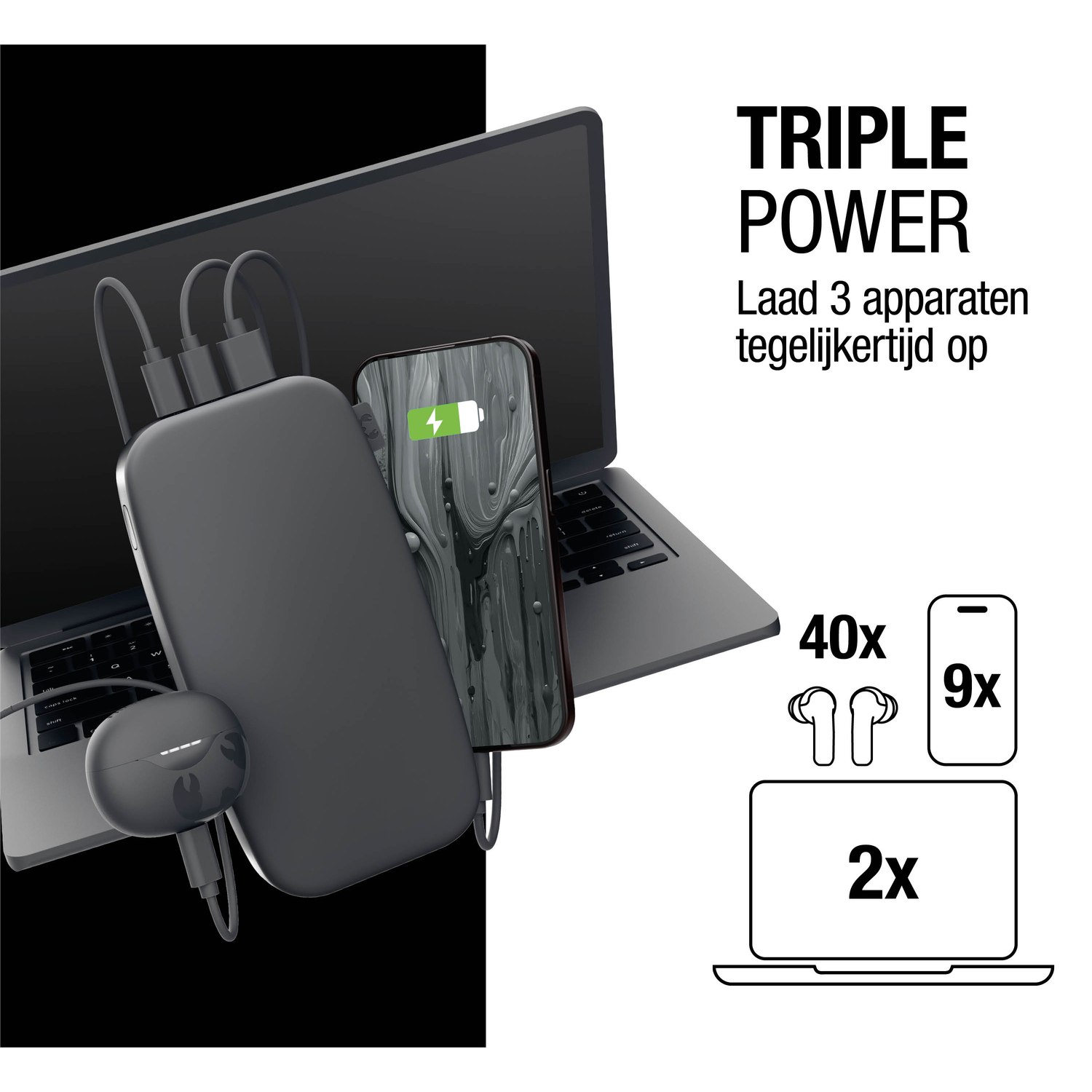 Afbeelding toont een powerbank die een telefoon, laptop en oordopjes oplaadt. Tekst zegt 'Triple Power' en 'Laad 3 apparaten tegelijk op'.