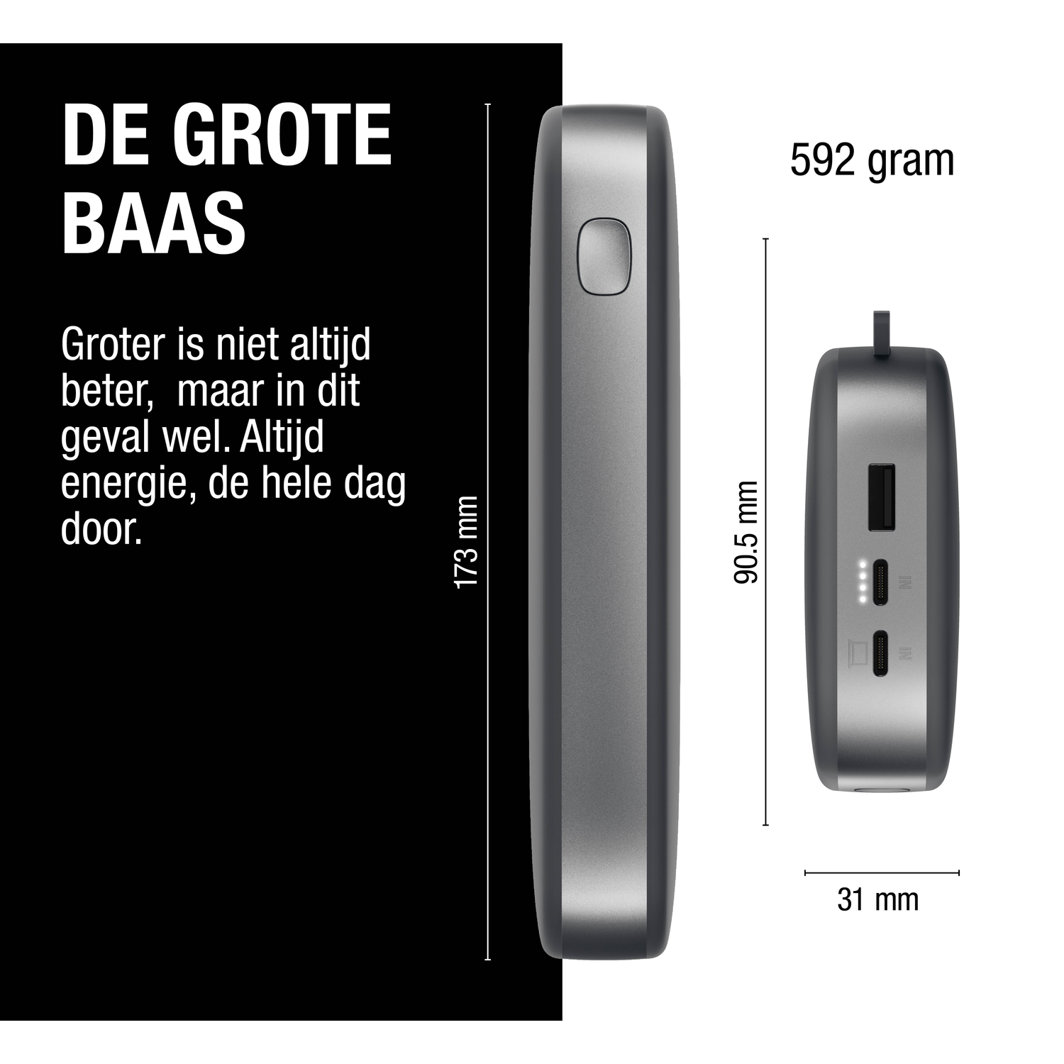 Een grijze powerbank met afmetingen, samen met Nederlandse tekst. Hij weegt 592 gram. De powerbank is 173 mm lang en 31 mm breed.