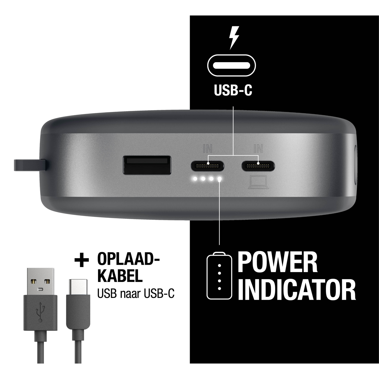 Afbeelding toont een powerbank met USB-C en USB poorten. Kabels en een stroomindicator zijn ook zichtbaar.