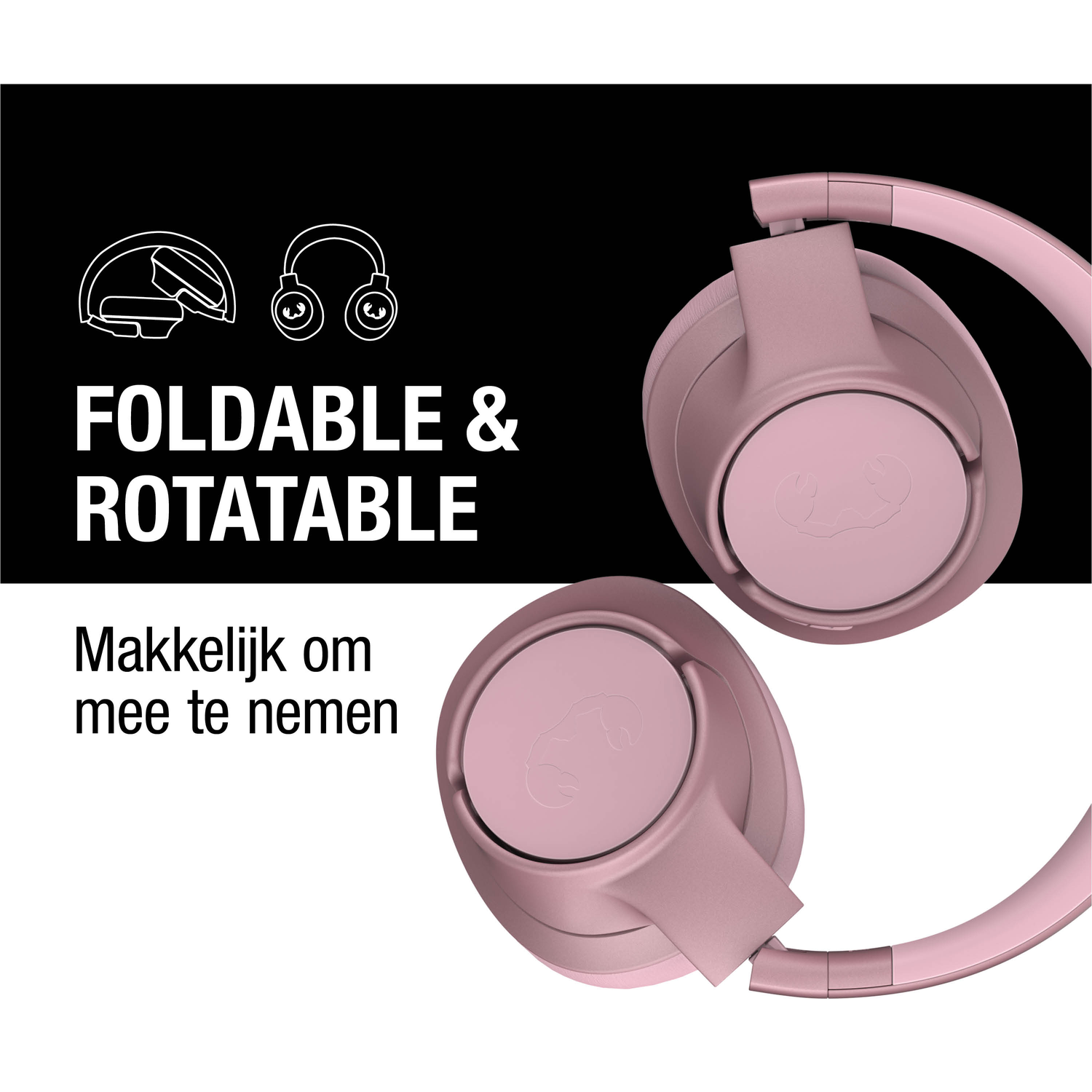 Roze opvouwbare en draaibare hoofdtelefoon. Tekst zegt 'Foldable & Rotatable' en 'Makkelijk om mee te nemen' op zwart-witte achtergrond.