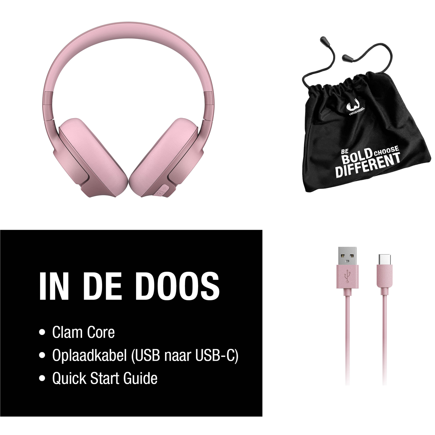 Roze koptelefoon, zwarte tas met tekst 'BE BOLD CHOOSE DIFFERENT', USB-C-kabel en een lijst met meegeleverde items.