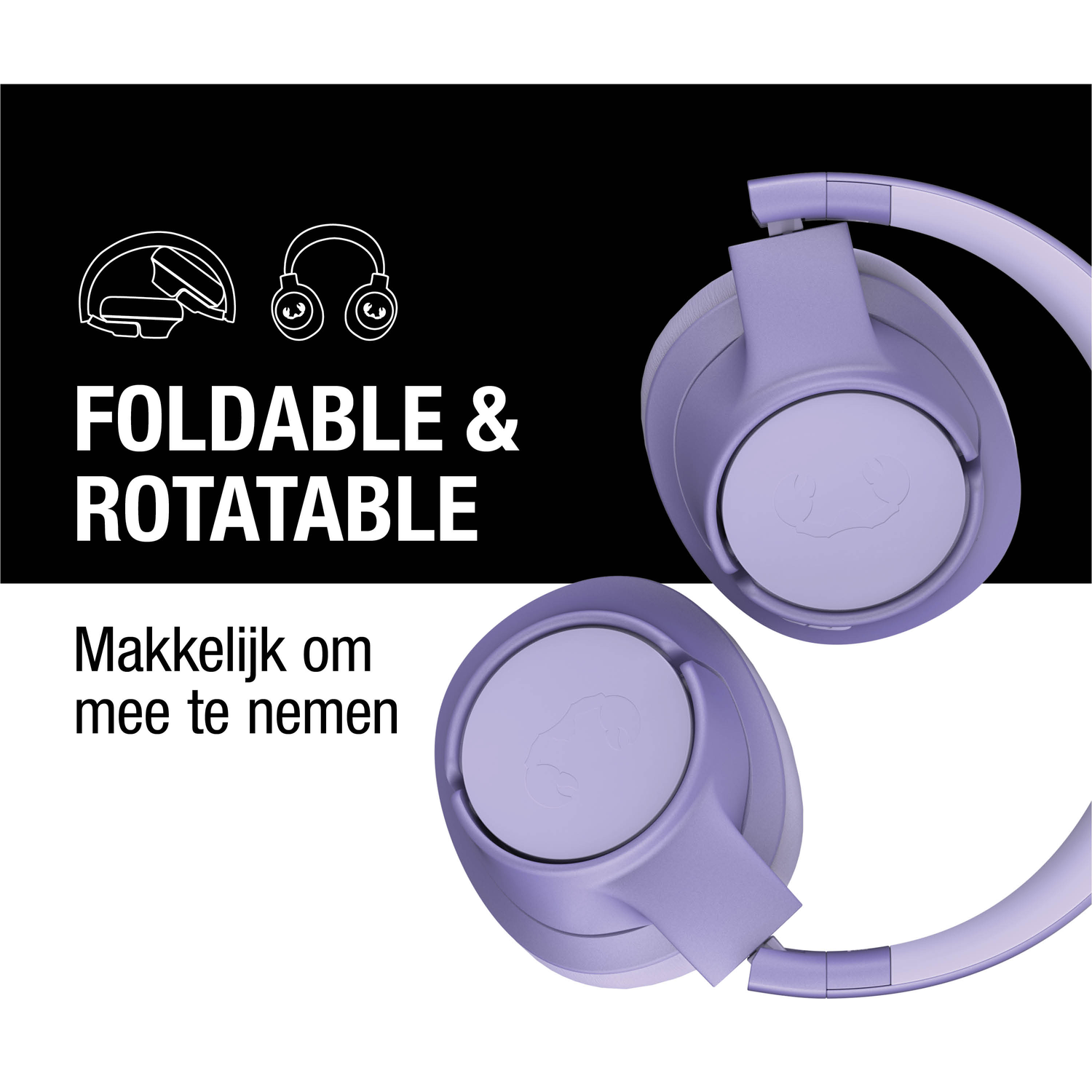 Afbeelding toont paarse koptelefoon, met nadruk op opvouwbare en draaibare eigenschappen. Tekst luidt 'Makkelijk om mee te nemen'. Zwart-wit grafiek is aanwezig.