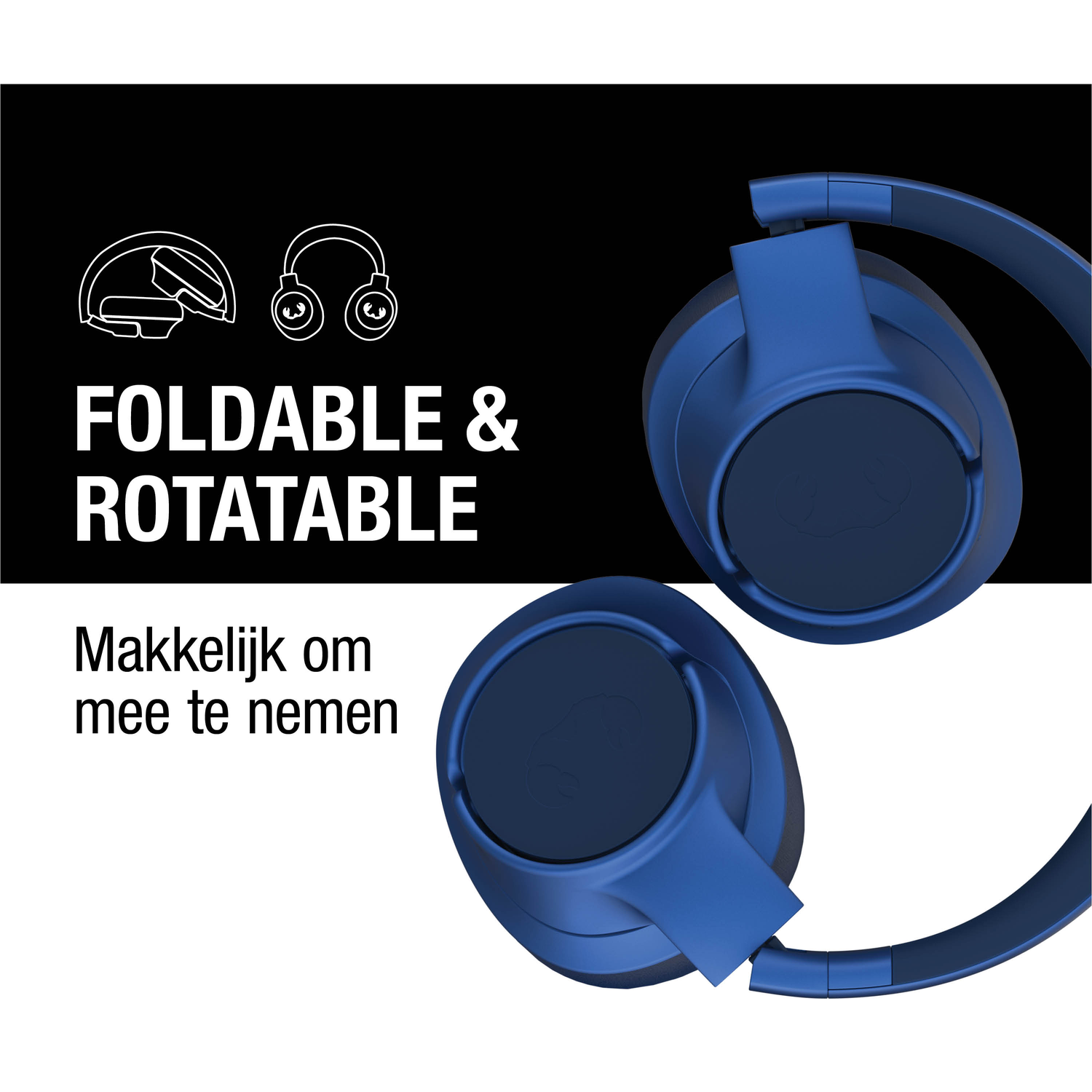 Blauwe, opvouwbare en draaibare koptelefoon. Tekst: "Foldable & Rotatable" en "Makkelijk om mee te nemen".